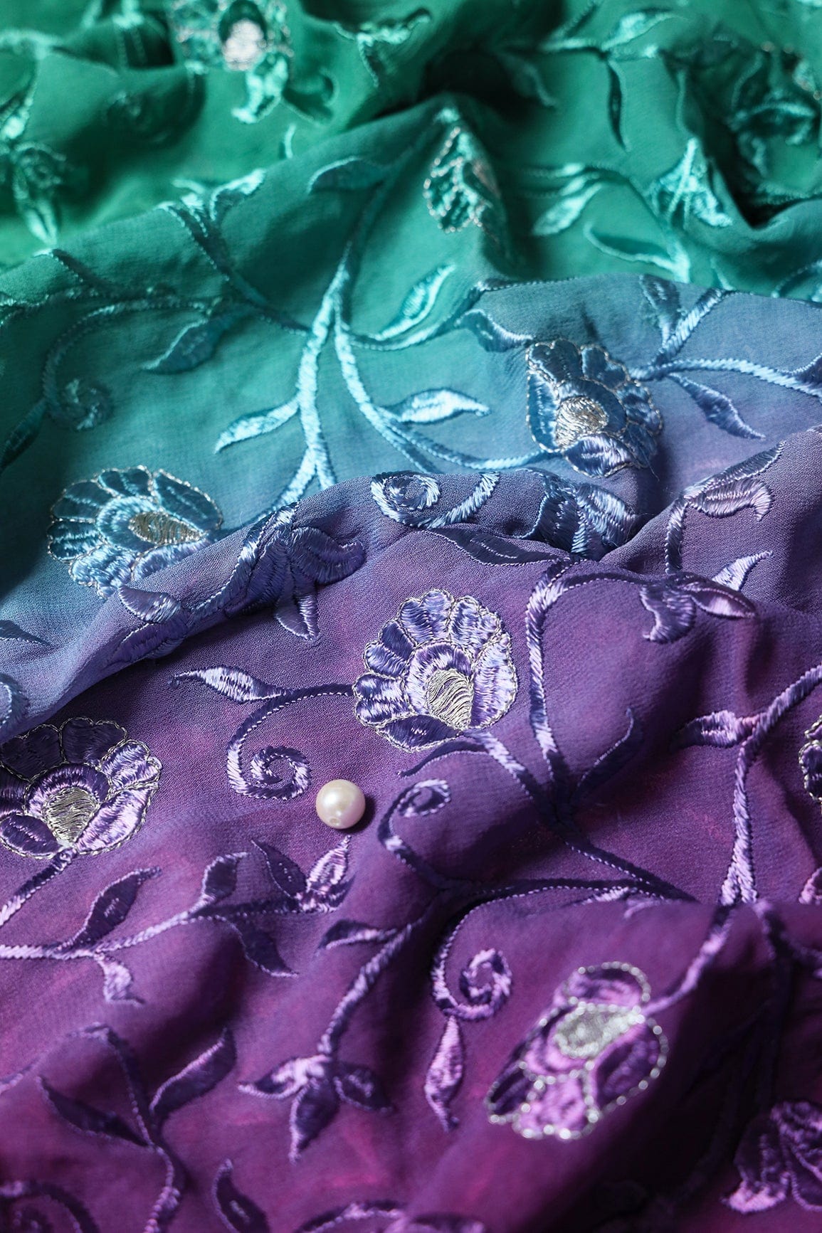 1.50 Meter Cut Piece Of Multi Thread With Zari Floral Embroidery On Multi Color Viscose Georgette Fabric - doeraa