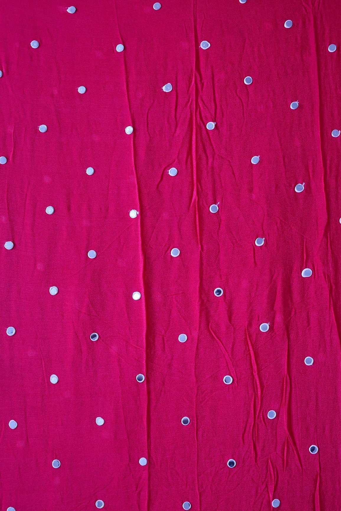 1.50 Meter Cut Piece Of Real Mirror Embroidery Work On Fuchsia Viscose Chinnon Chiffon Fabric - doeraa