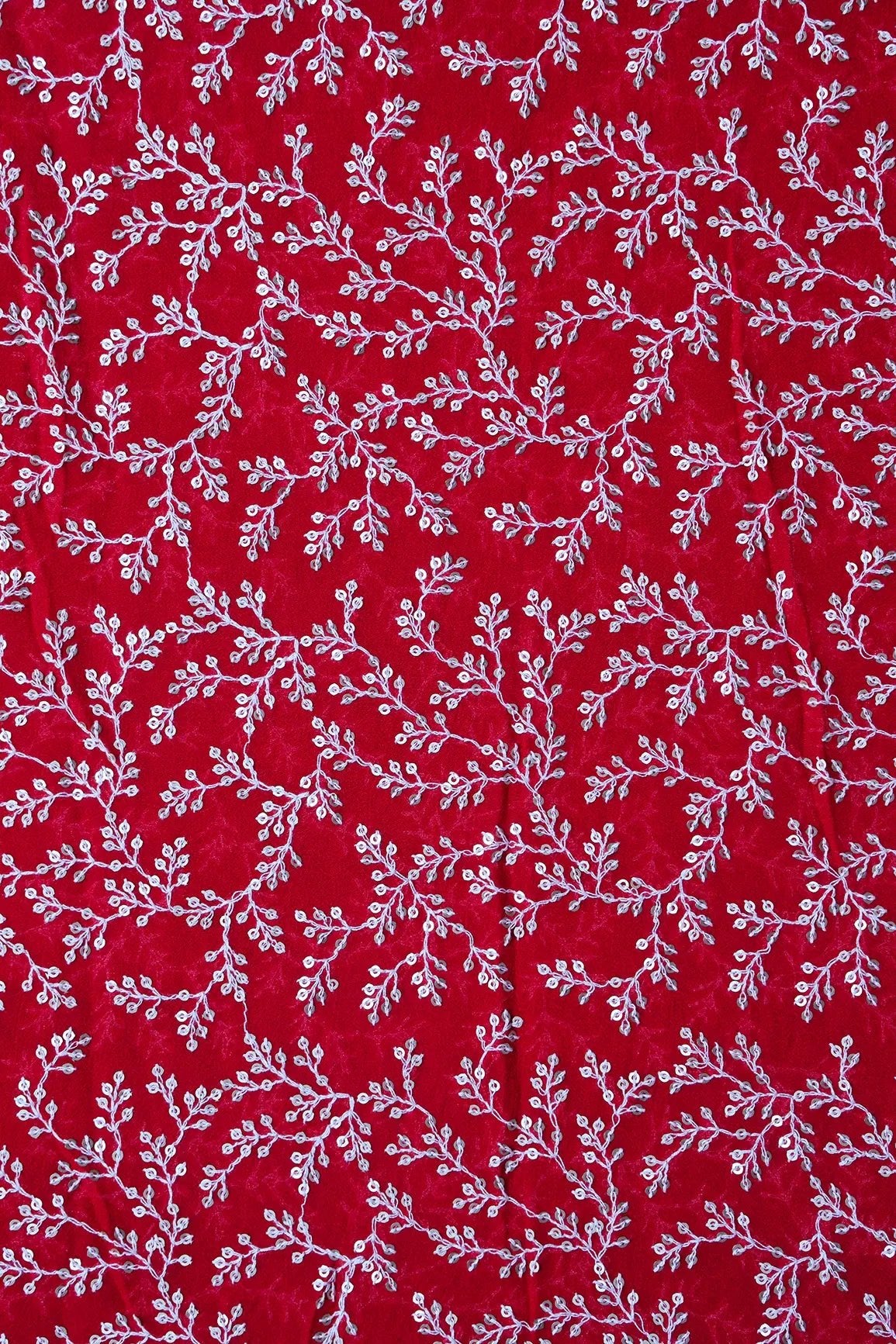 1.70 Meter Cut Piece Of White Thread With Gold Sequins Leafy Embroidery On Red Georgette Fabric - doeraa