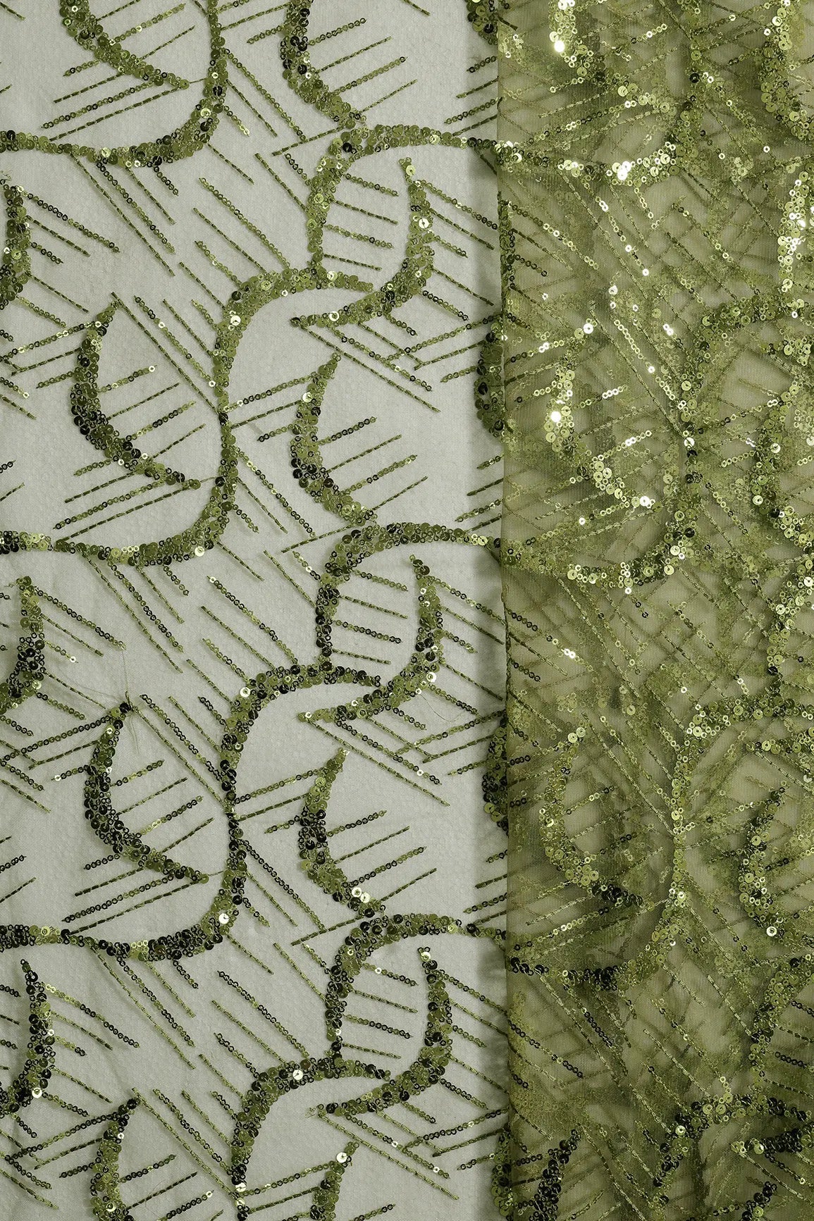 1.75 Meter Cut Piece Of Beautiful Sequins With Dark Olive Thread Abstract Embroidery On Dark Olive Soft Net Fabric - doeraa