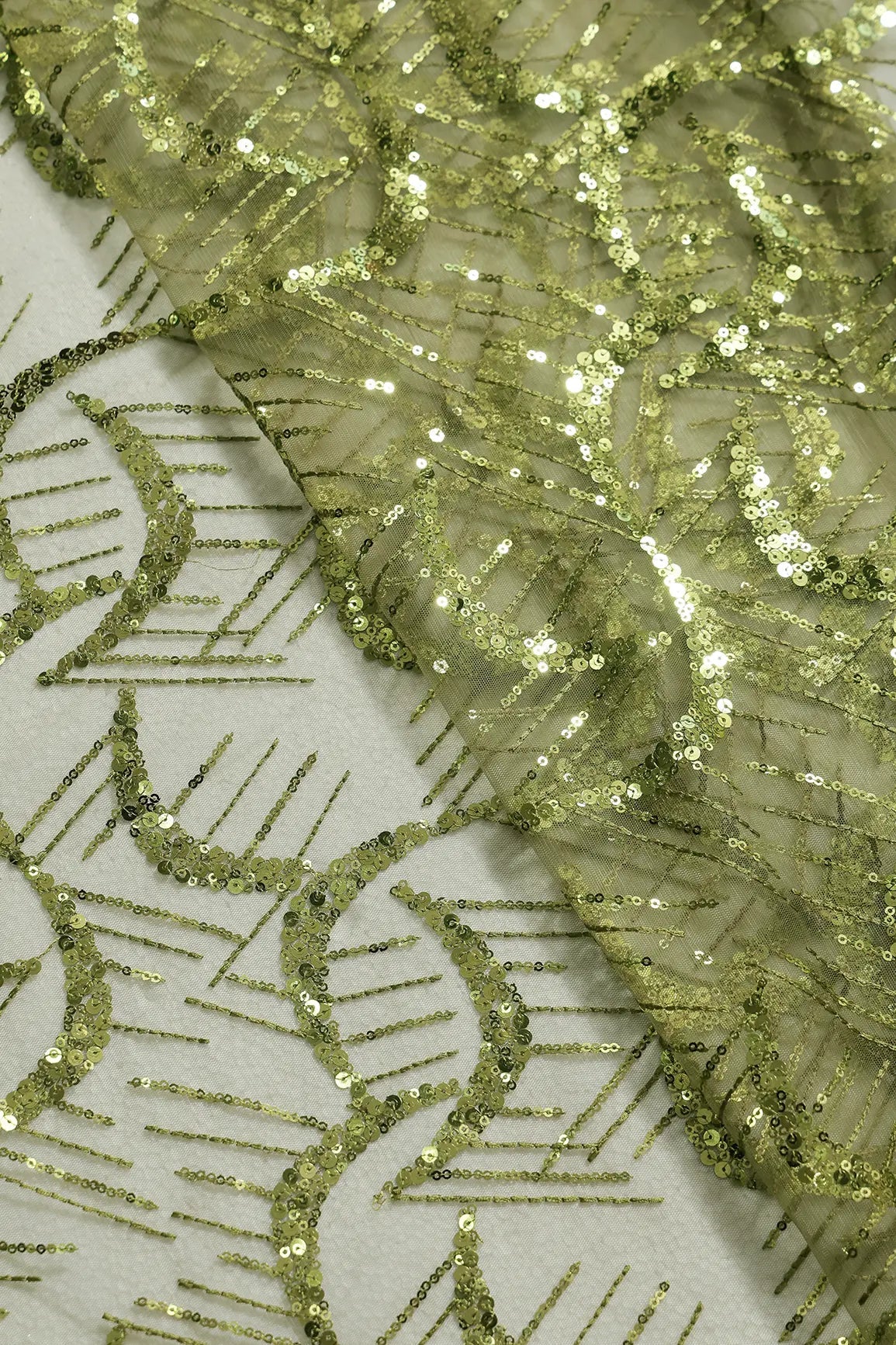 1.75 Meter Cut Piece Of Beautiful Sequins With Dark Olive Thread Abstract Embroidery On Dark Olive Soft Net Fabric - doeraa