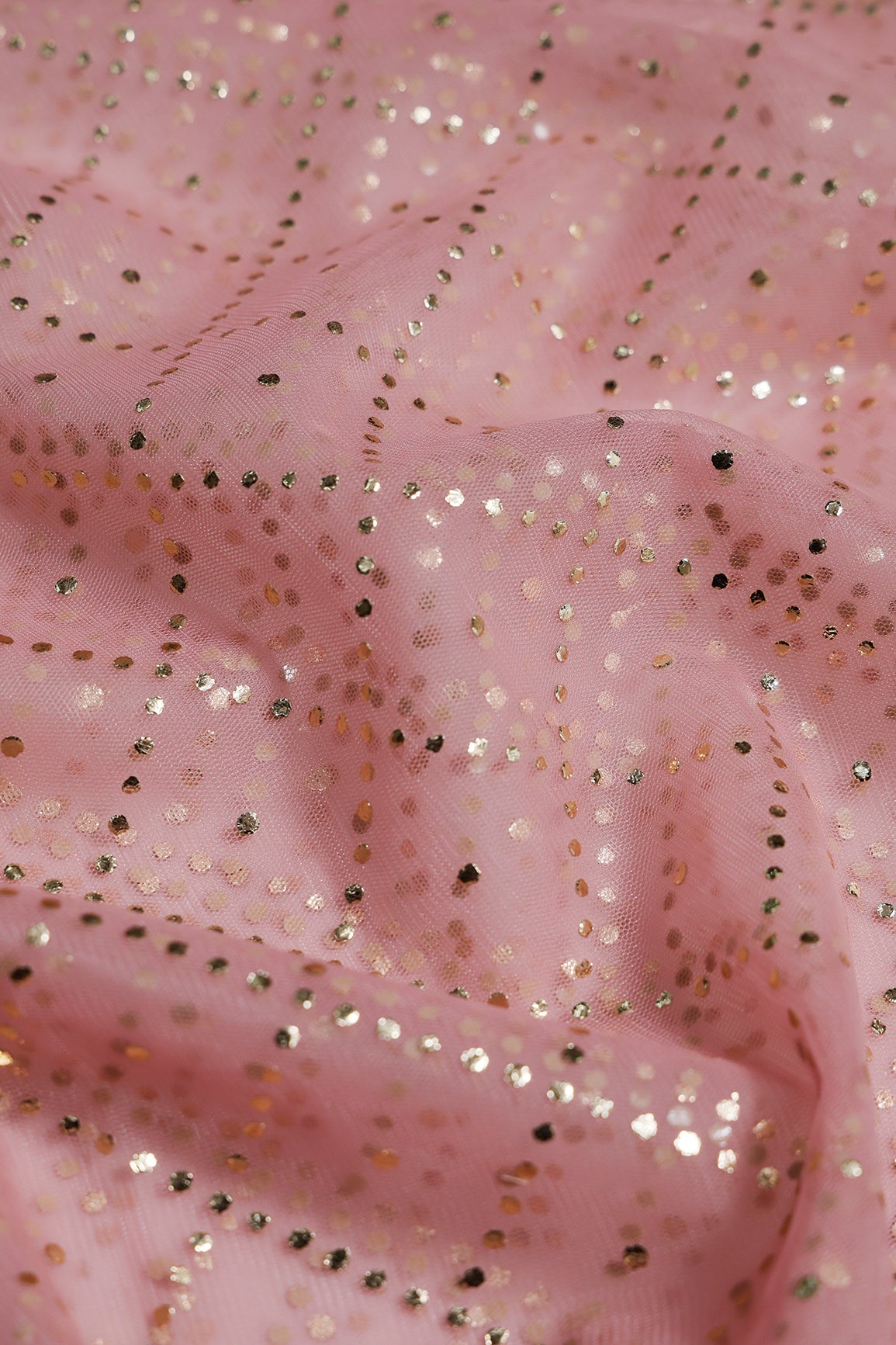 1.75 Meter Cut Piece Of Checks Pattern With Foil Print On Baby Pink Soft Net Fabric - doeraa