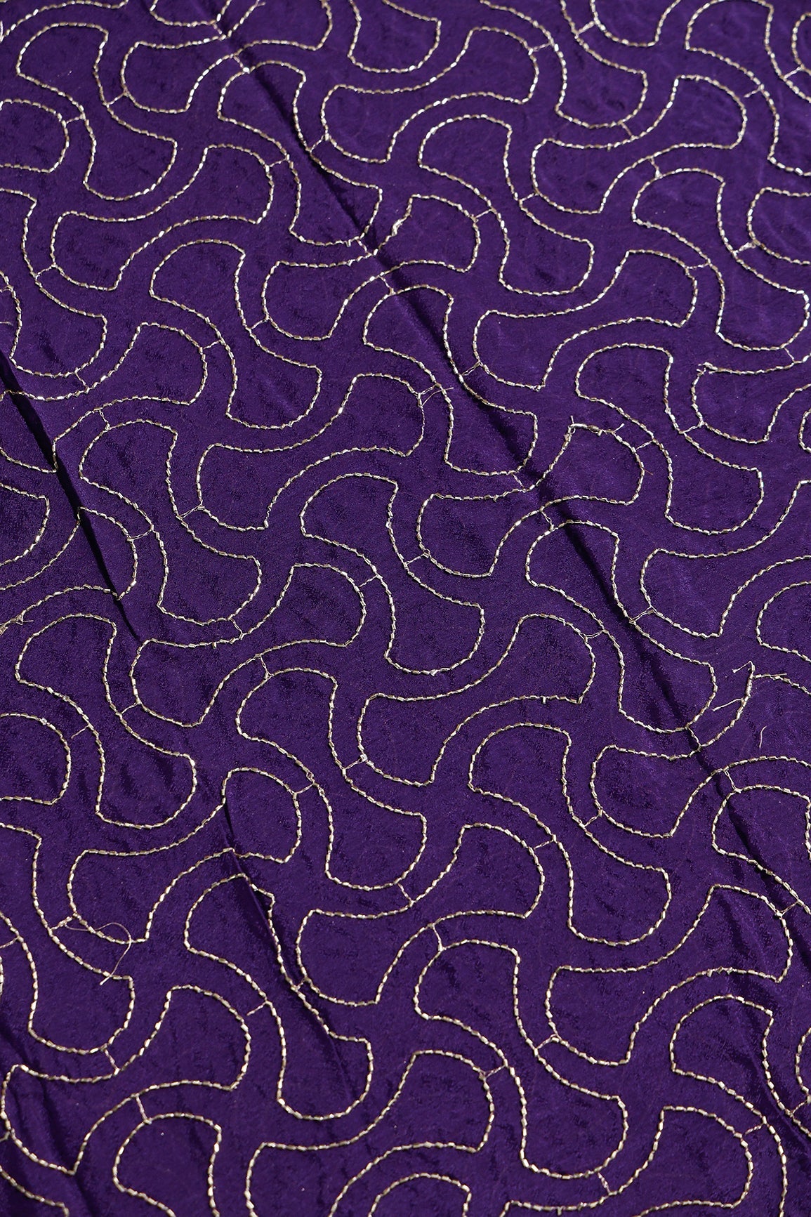 1.75 Meter Cut Piece Of Cut Dana Beads Appealing Abstract Embroidery Work On Purple Chinnon Chiffon Fabric - doeraa