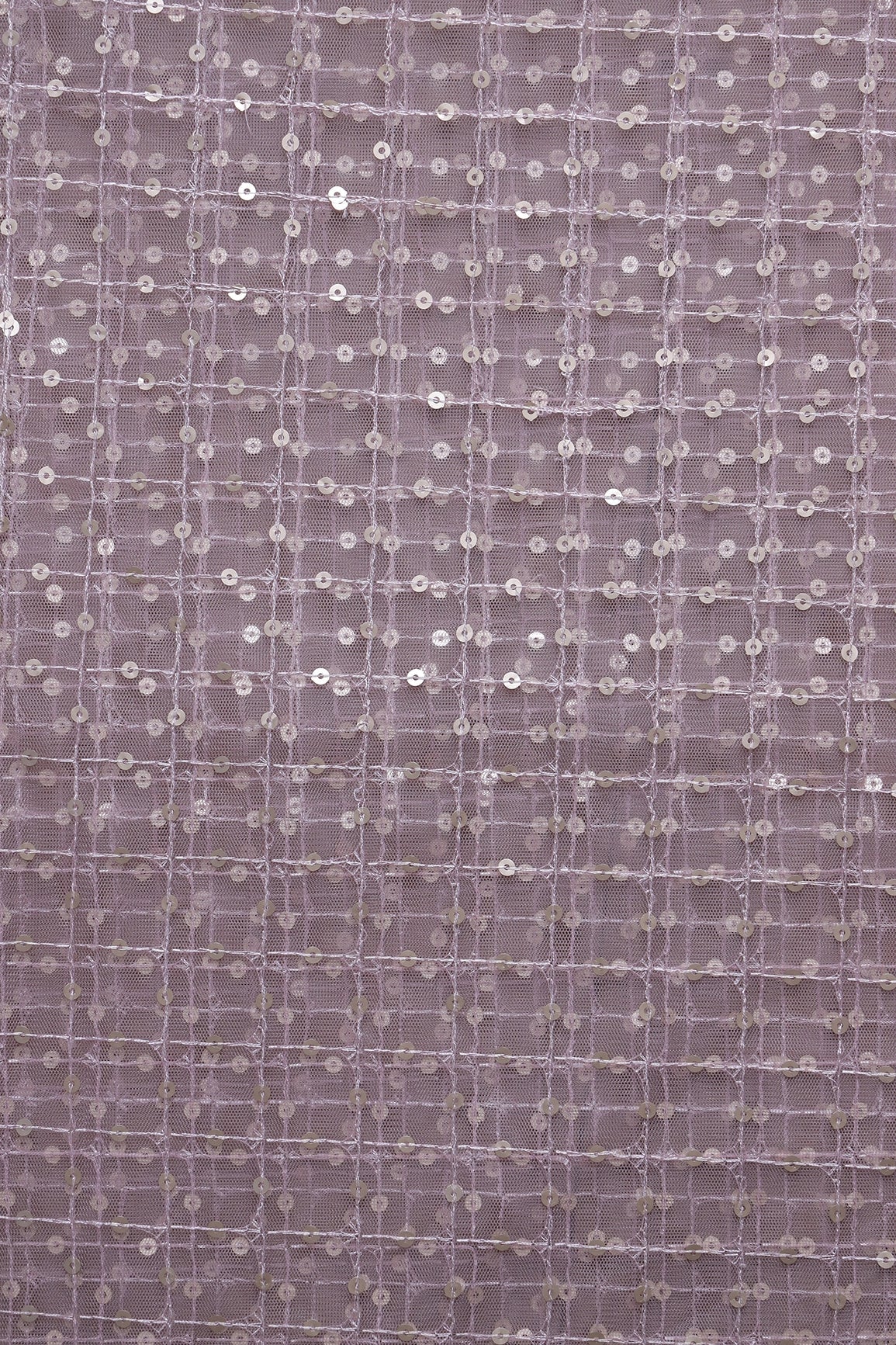 1.75 Meter Cut Piece Of Gold Matt Sequins Small Checks Embroidery Work On Mauve Soft Net Fabric - doeraa
