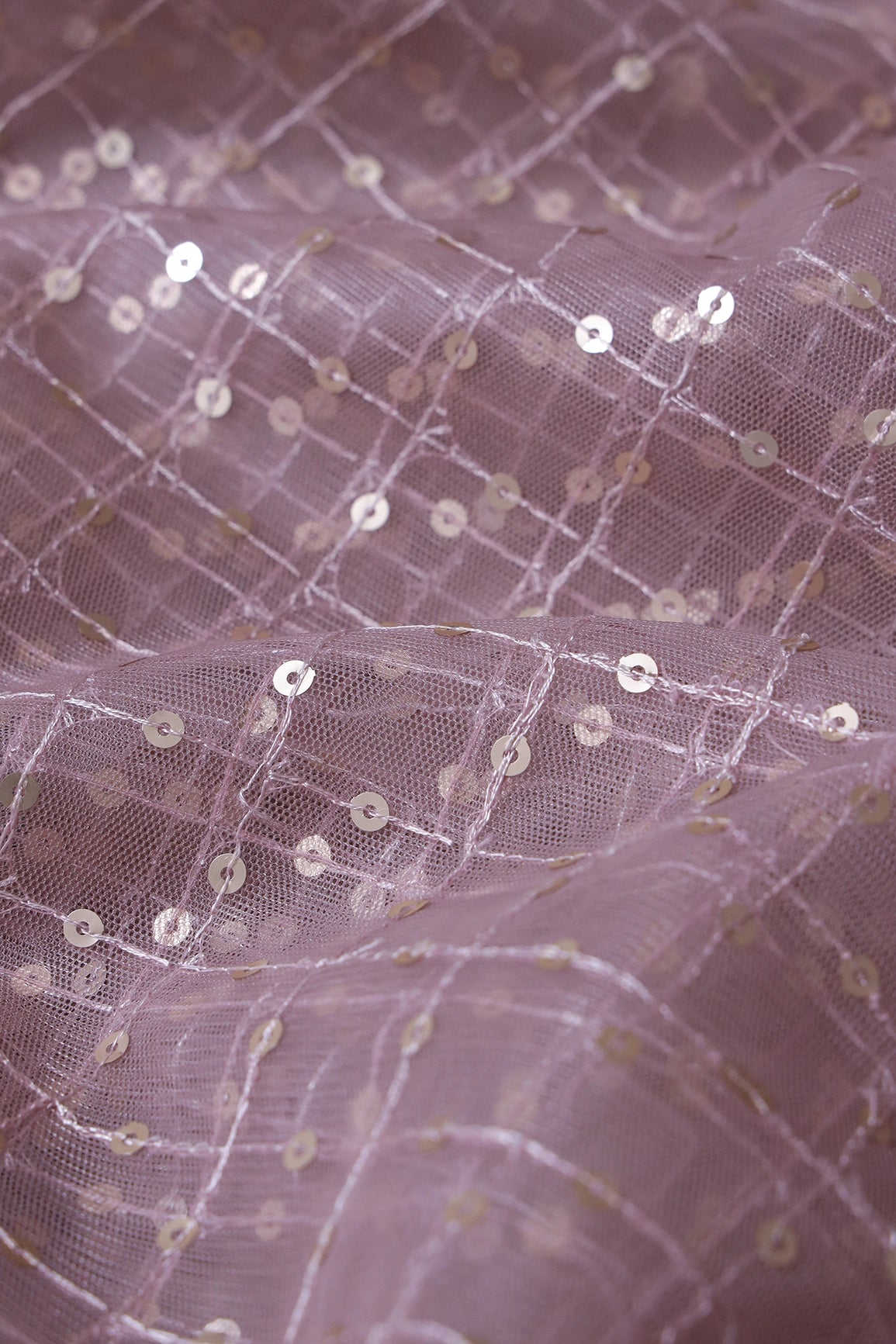 1.75 Meter Cut Piece Of Gold Matt Sequins Small Checks Embroidery Work On Mauve Soft Net Fabric - doeraa