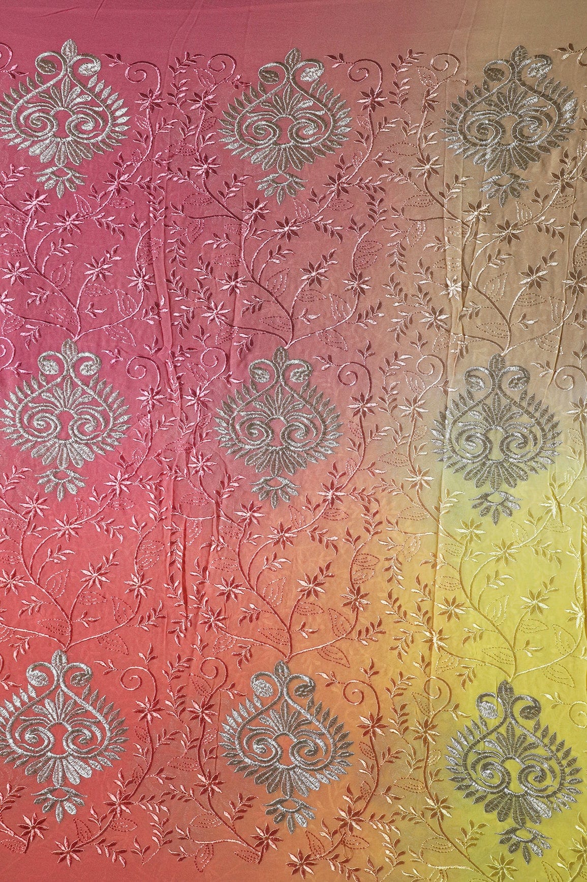 1.75 Meter Cut Piece Of Multi Thread With Silver Zari Floral Embroidery On Multi Color Viscose Georgette Fabric - doeraa