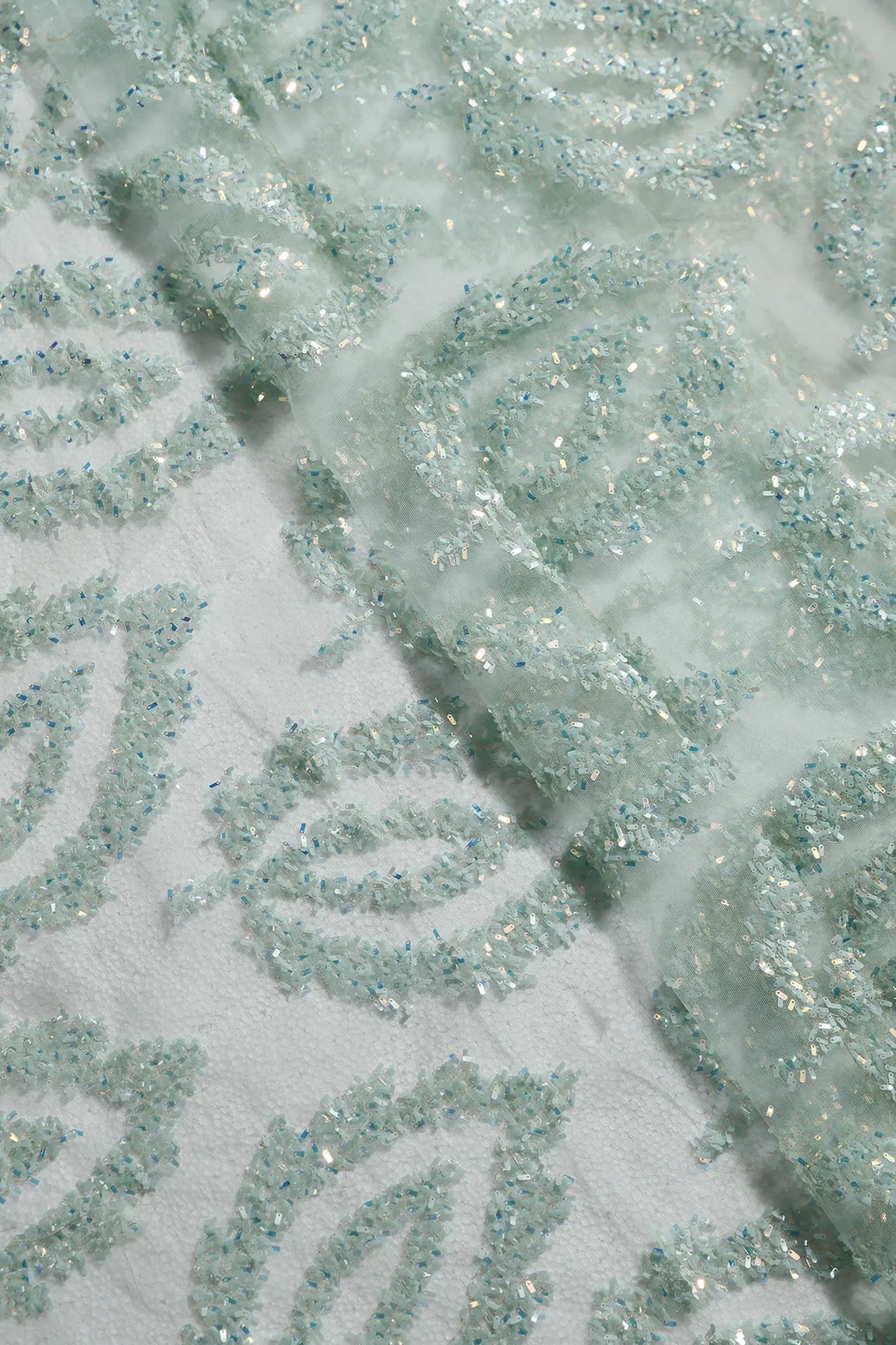 1.75 Meter Cut Piece Of Oval Sequins Abstract Embroidery Work On Sea Green Soft Net Fabric - doeraa