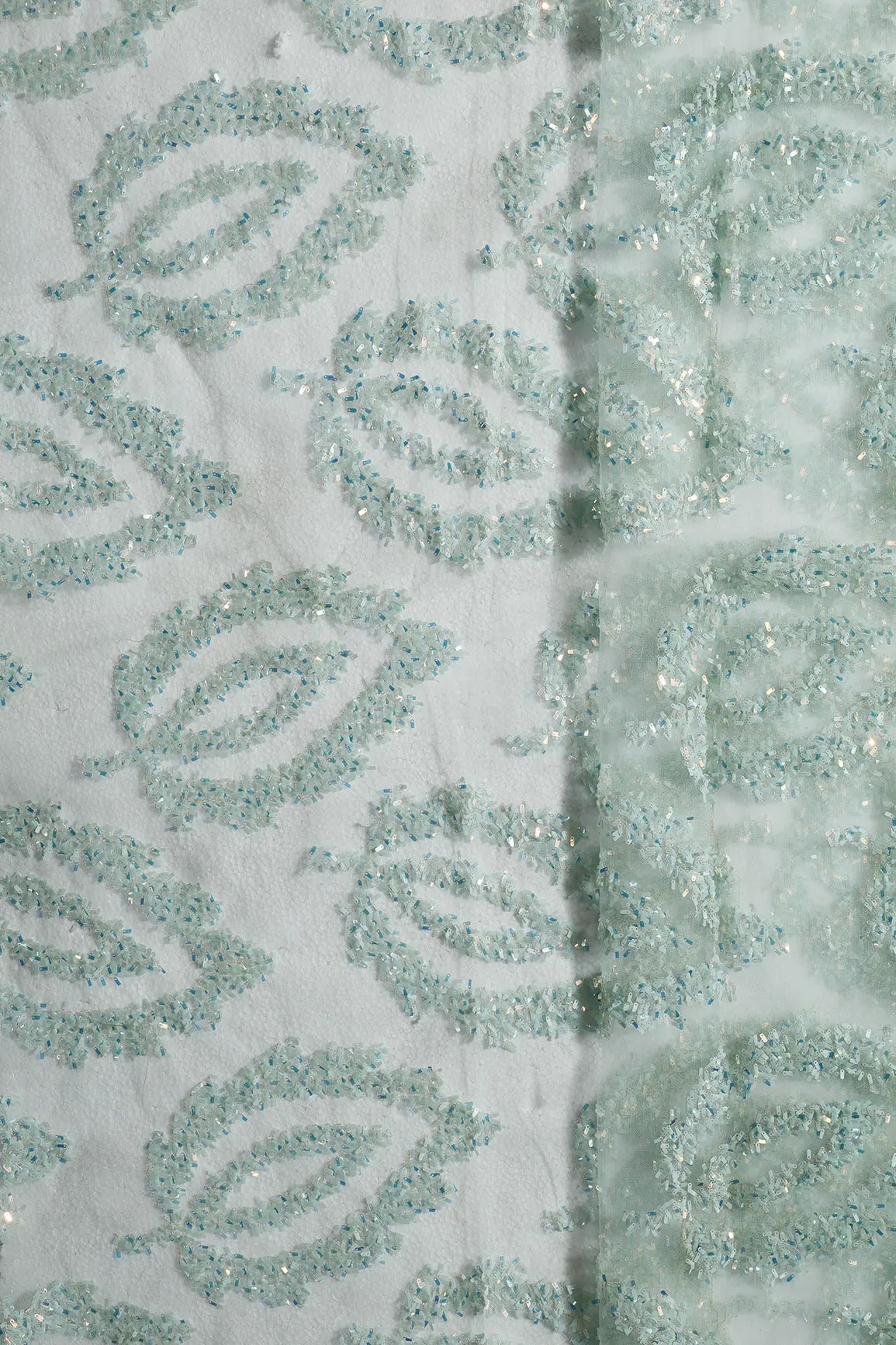 1.75 Meter Cut Piece Of Oval Sequins Abstract Embroidery Work On Sea Green Soft Net Fabric - doeraa