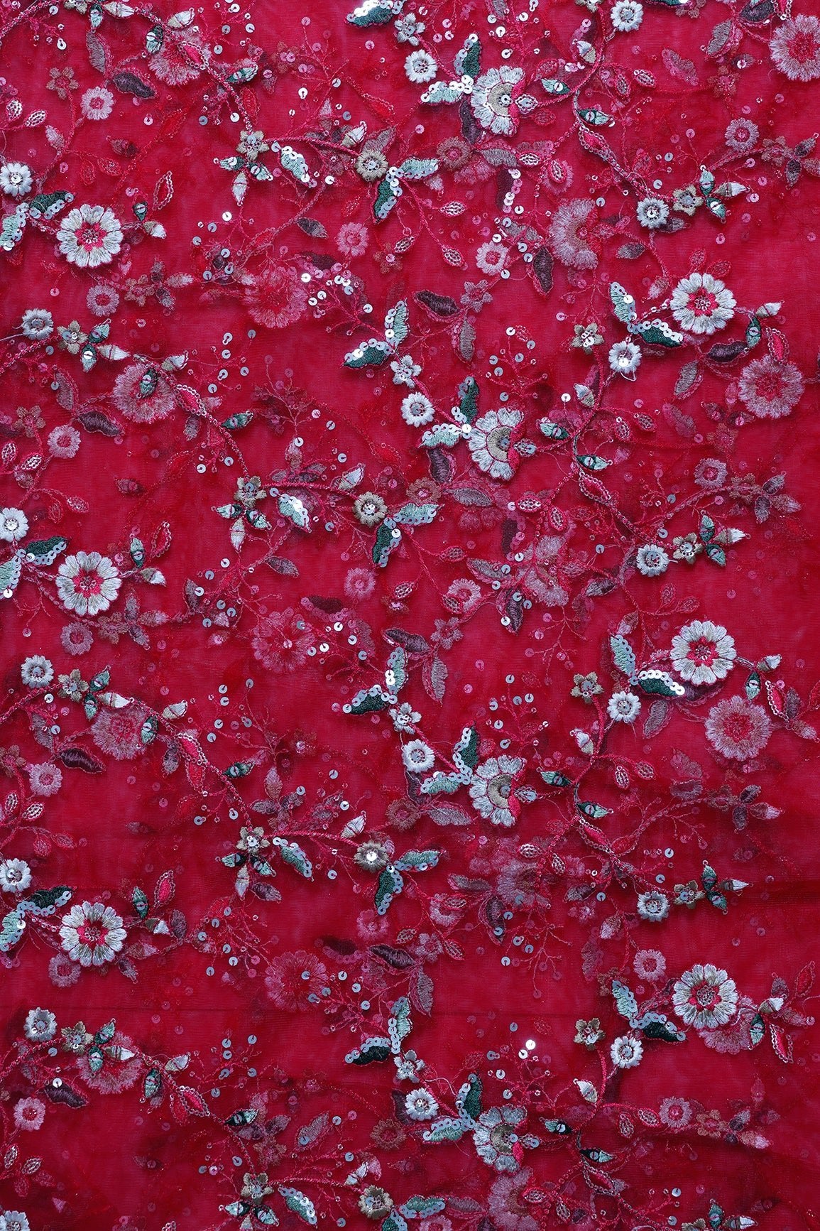 1.75 Meter Cut Piece Of White And Red Thread With Gold Sequins Floral Embroidery Work On Cherry Red Soft Net Fabric - doeraa