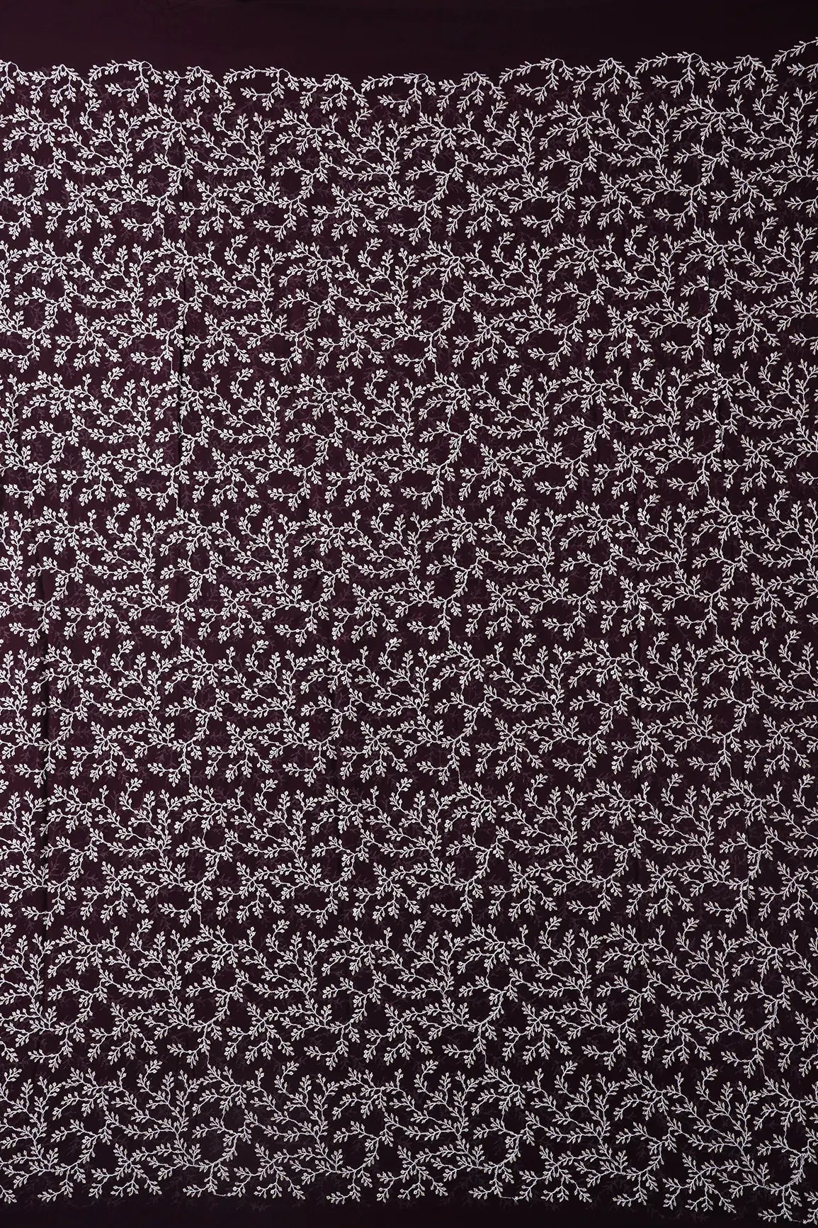 1.75 Meter Cut Piece Of White Thread With Gold Sequins Leafy Embroidery On Wine Georgette Fabric - doeraa