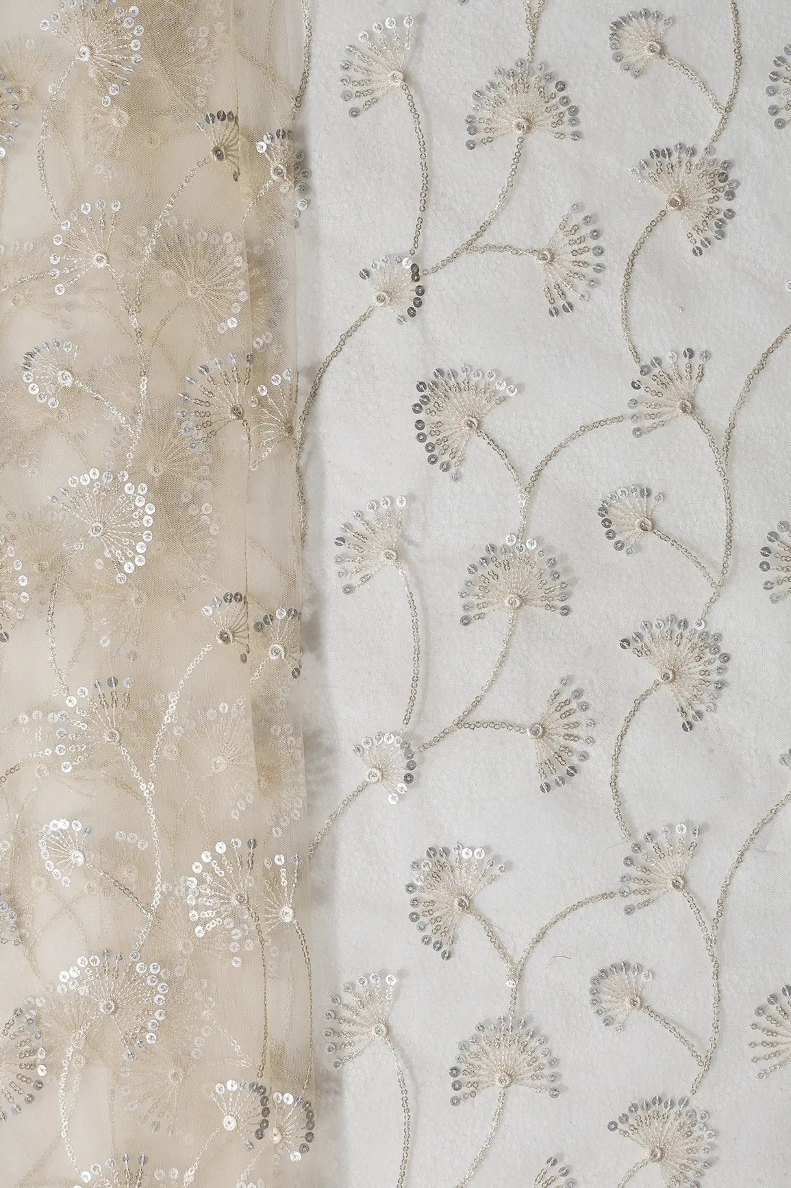 1.90 Meter Cut Piece Of Gold And Silver Sequins With Beige Thread Floral Embroidery Work On Beige Soft Net Fabric - doeraa