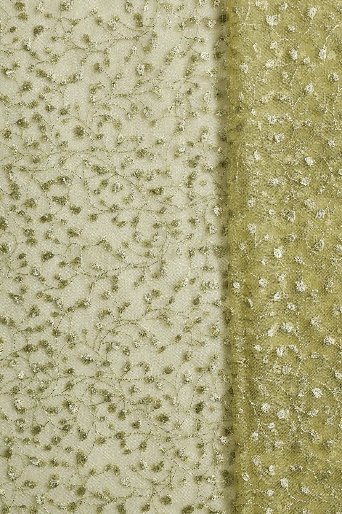 1.90 Meter Cut Piece Of Olive Thread With Water Sequins Leafy Embroidery On Olive Soft Net Fabric - doeraa