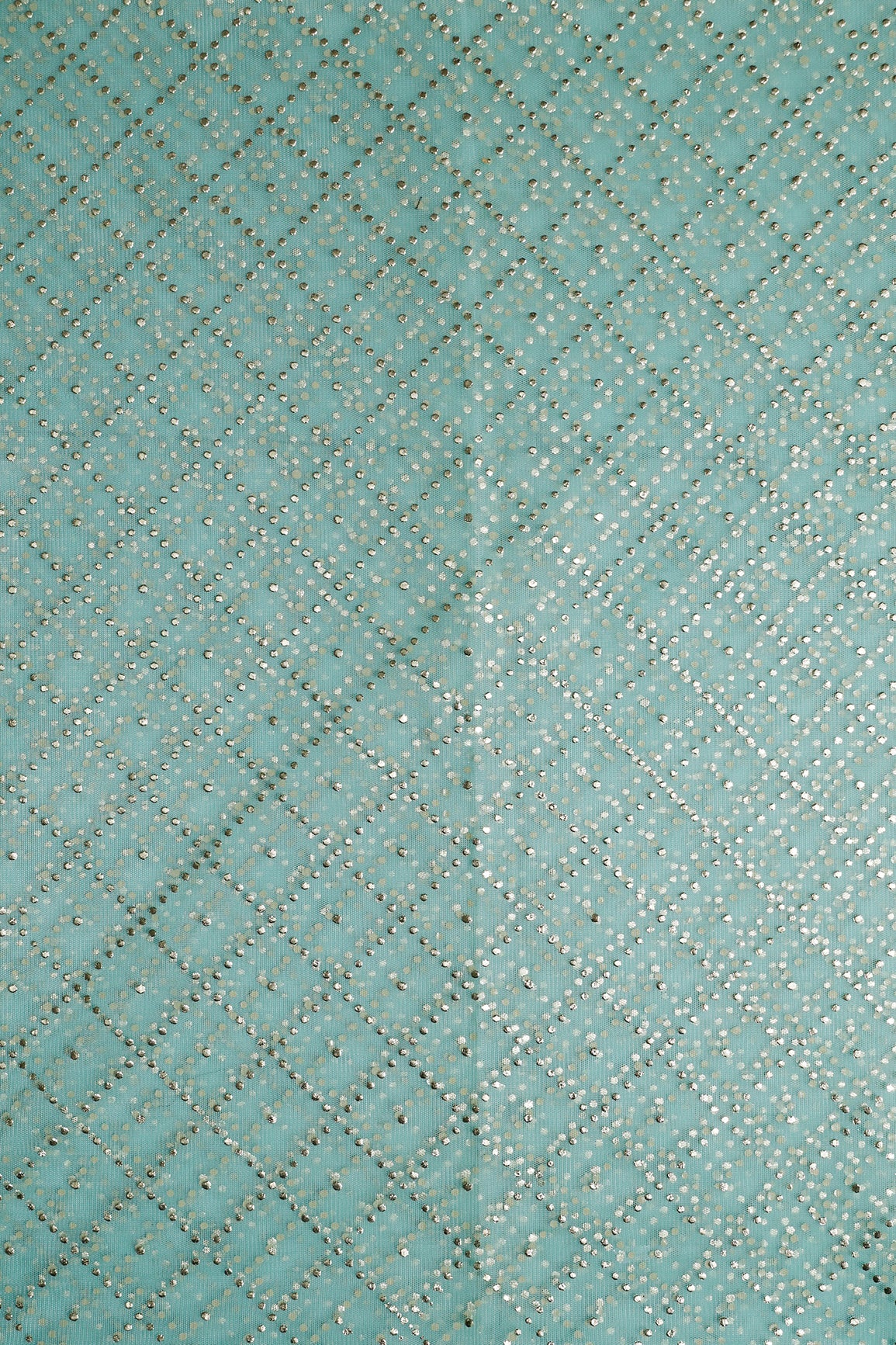 2 Meter Cut Piece Of Checks Pattern With Foil Print On Sea Green Soft Net Fabric - doeraa