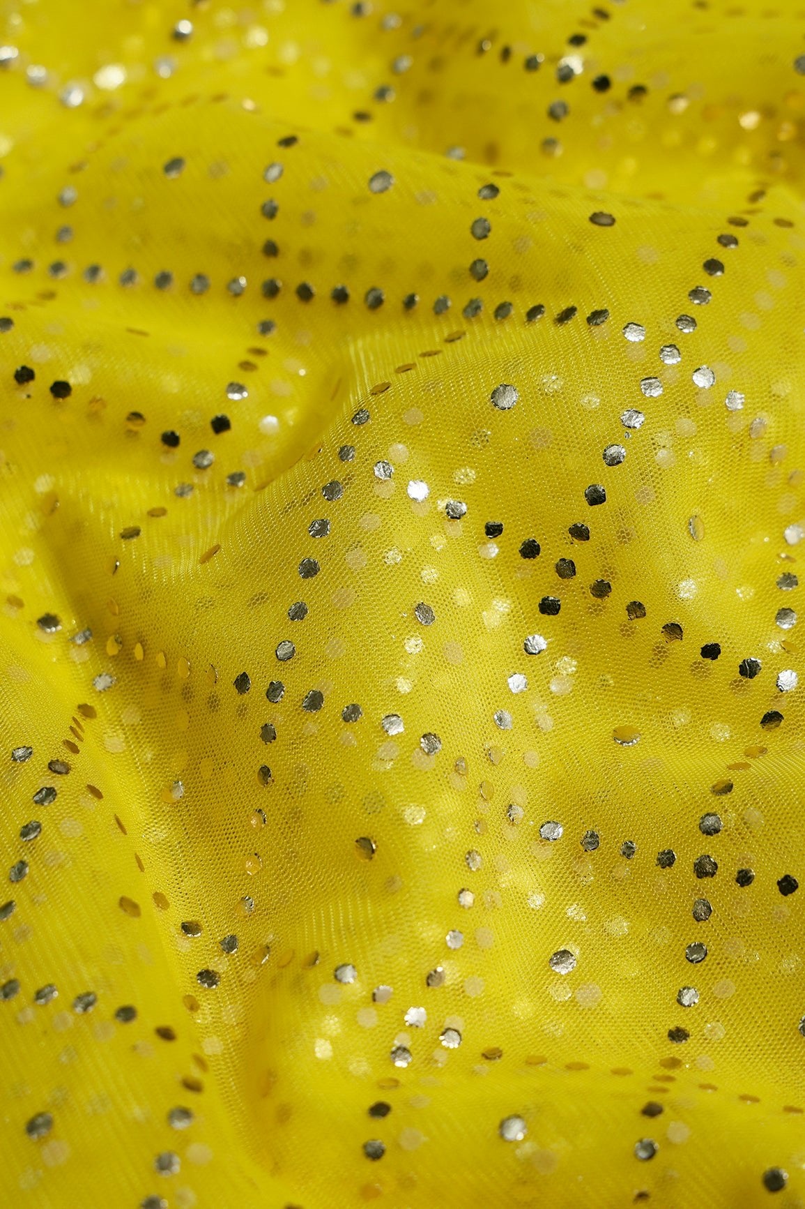 2 Meter Cut Piece Of Checks Pattern With Foil Print On Yellow Soft Net Fabric - doeraa