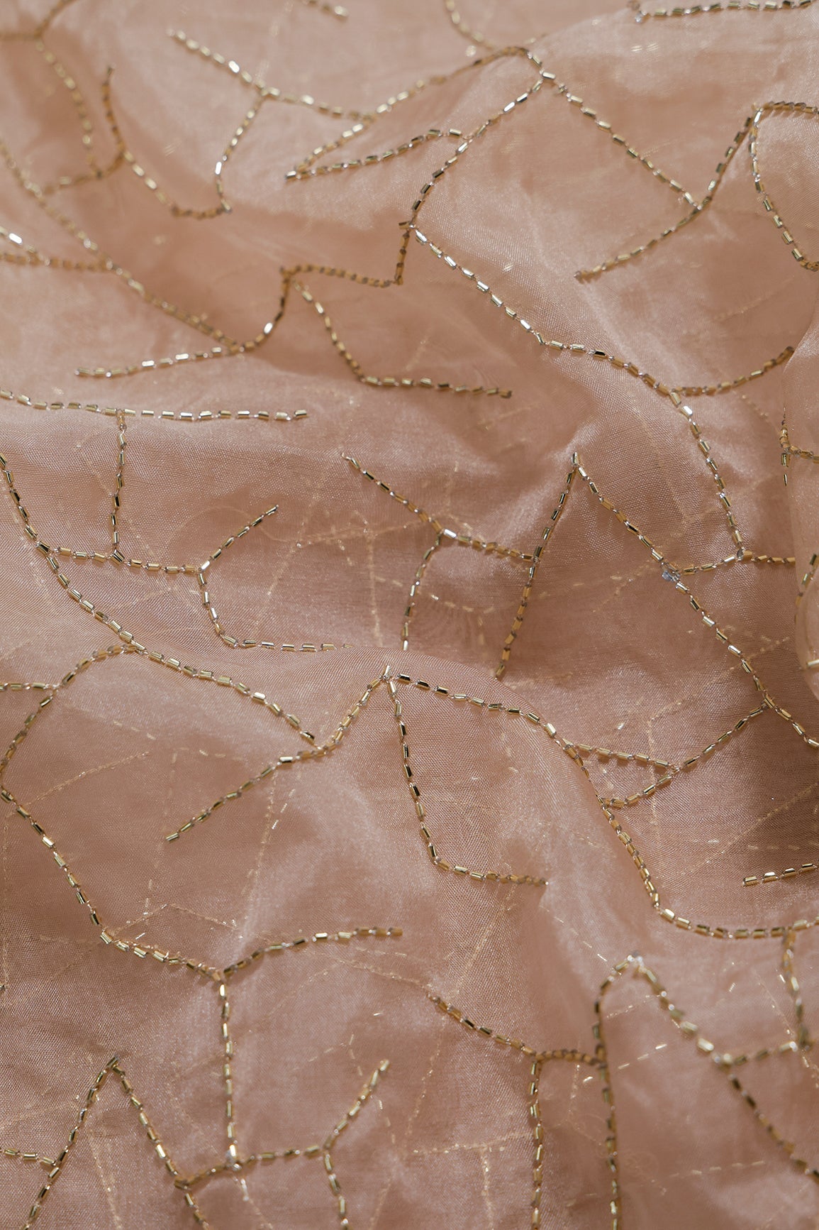 2 Meter Cut Piece Of Cut Dana Beads Appealing Abstract Embroidery On Beige Organza Fabric - doeraa