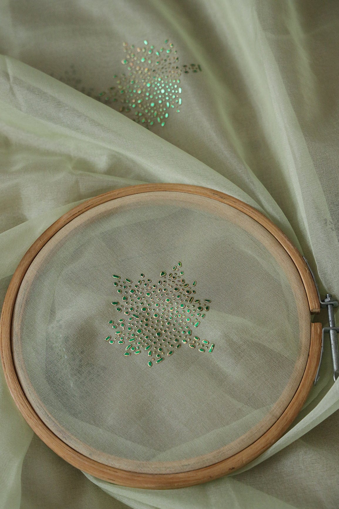 2 Meter Cut Piece Of Drak Green Stone Drop Floral Work On Olive Organza Fabric - doeraa