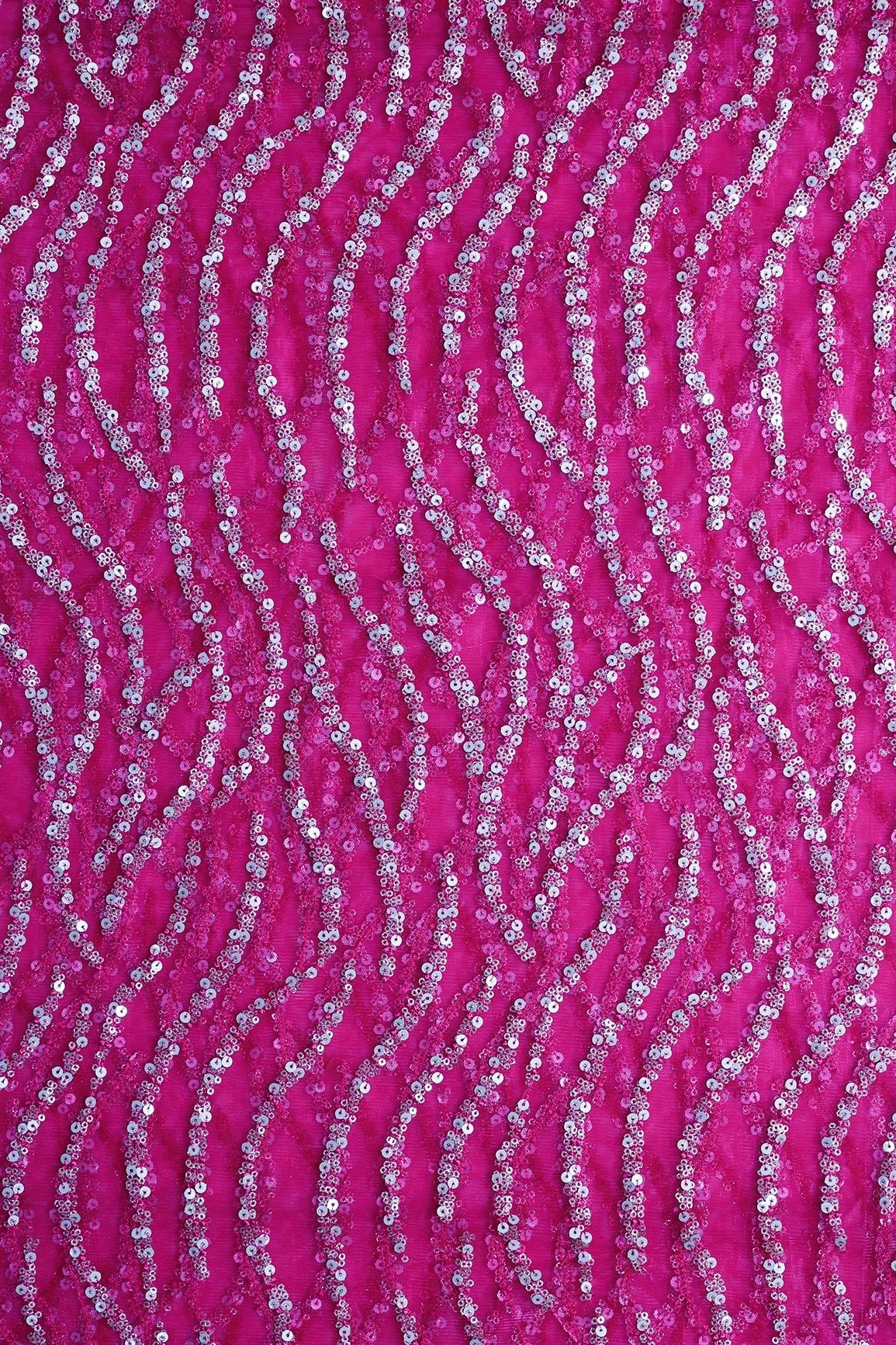 2 Meter Cut Piece Of Gold And Silver Sequins With Fuchsia Thread Wavy Embroidery Work On Fuchsia Soft Net Fabric - doeraa