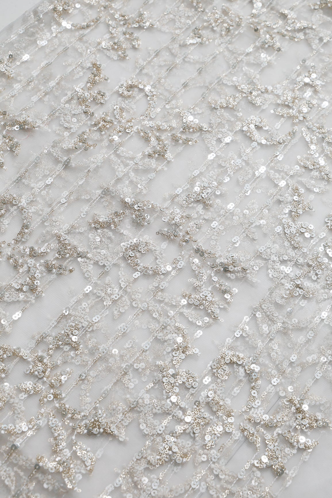 2 Meter Cut Piece Of Gold And Silver Sequins With White Thread Abstract Embroidery Work On White Soft Net Fabric - doeraa