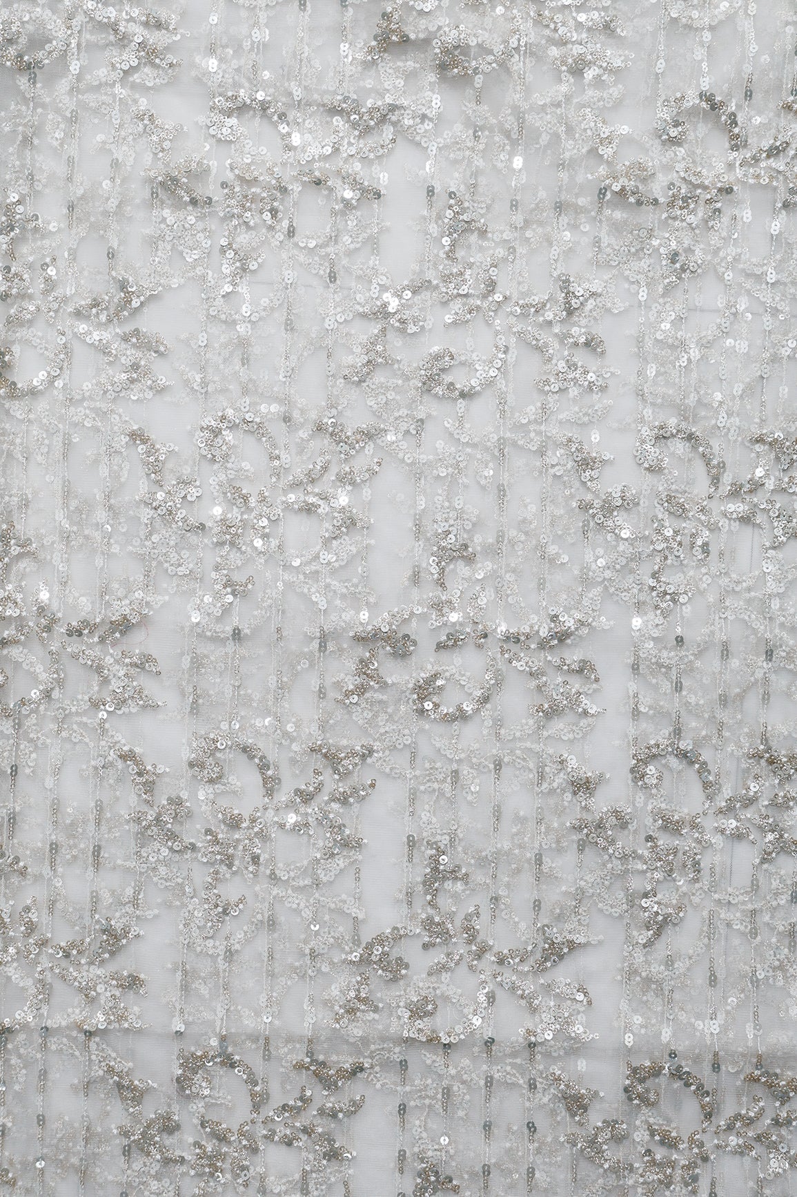 2 Meter Cut Piece Of Gold And Silver Sequins With White Thread Abstract Embroidery Work On White Soft Net Fabric - doeraa