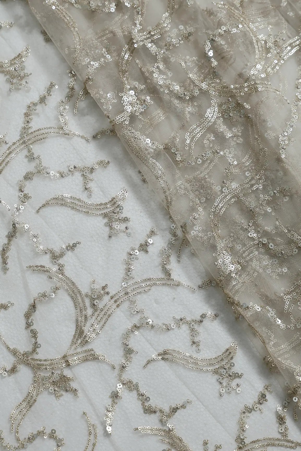 2 Meter Cut Piece Of Gold Sequins with Cloudy Grey Thread Work Embroidery On Cloudy Grey Soft Net Fabric - doeraa