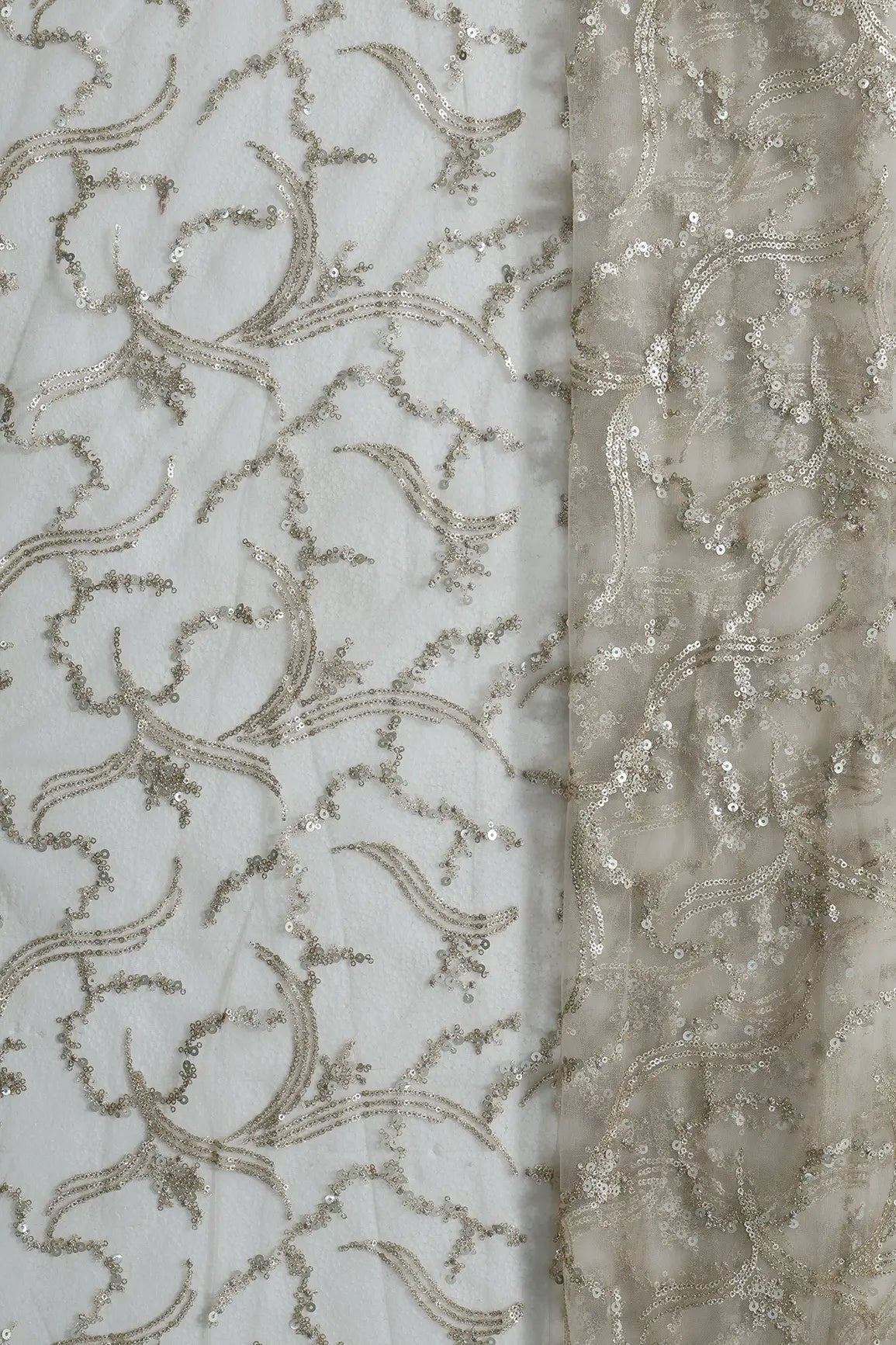 2 Meter Cut Piece Of Gold Sequins with Cloudy Grey Thread Work Embroidery On Cloudy Grey Soft Net Fabric - doeraa