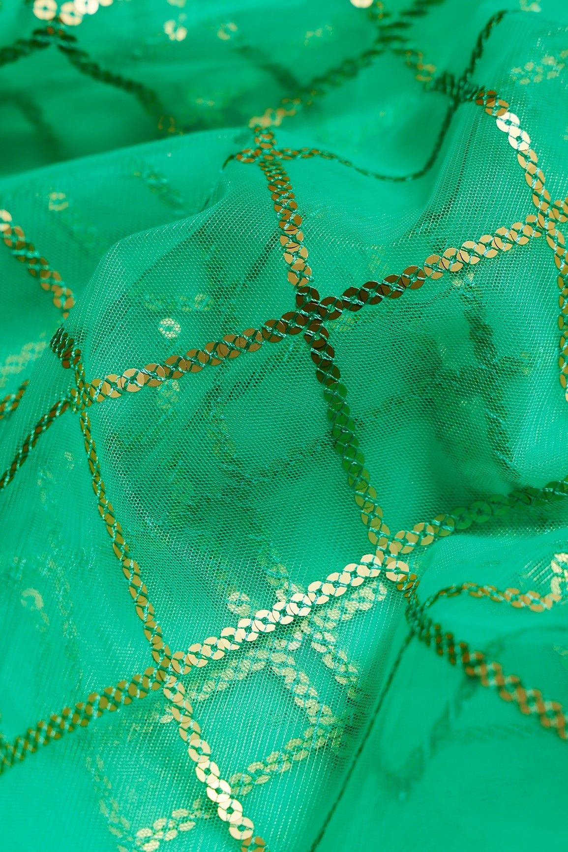 2 Meter Cut Piece Of Gold Sequins With Thread Checks Embroidery Work On Bright Sea Green Soft Net Fabric - doeraa