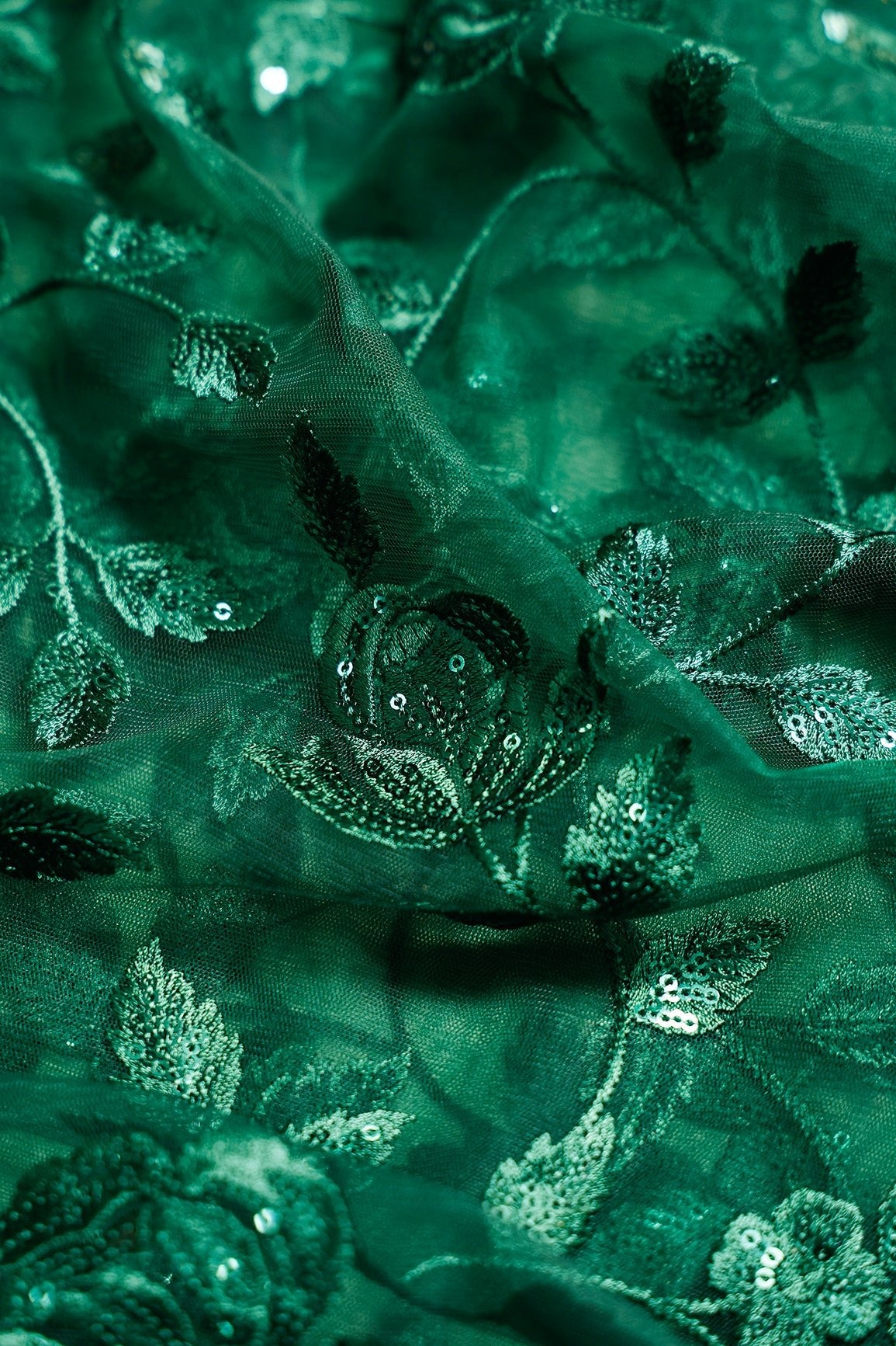 2 Meter Cut Piece Of Gorgeous Bottle Green Thread With Sequins Floral Leafy Embroidery On Bottle Green Soft Net Fabric - doeraa