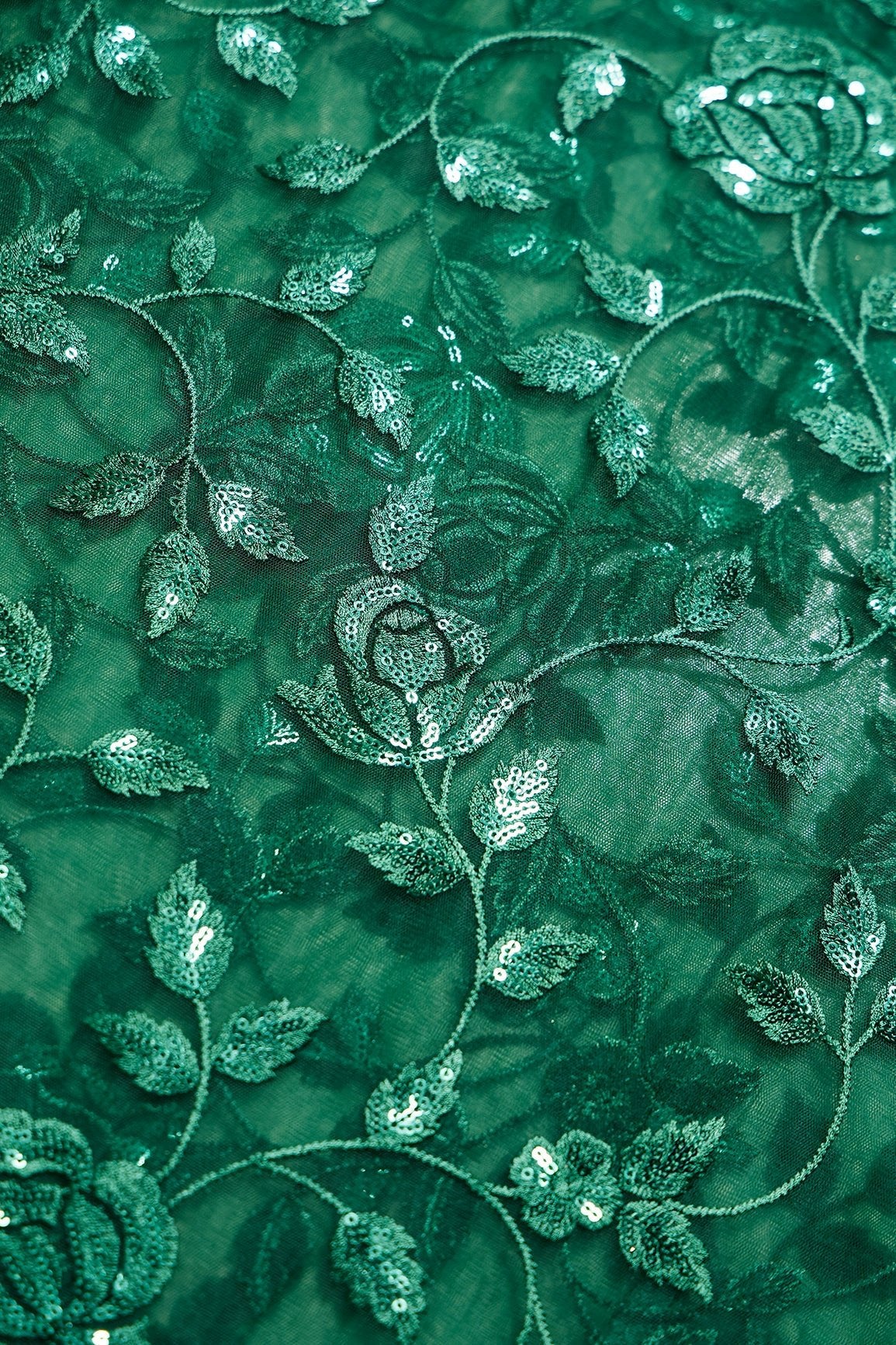 2 Meter Cut Piece Of Gorgeous Bottle Green Thread With Sequins Floral Leafy Embroidery On Bottle Green Soft Net Fabric - doeraa