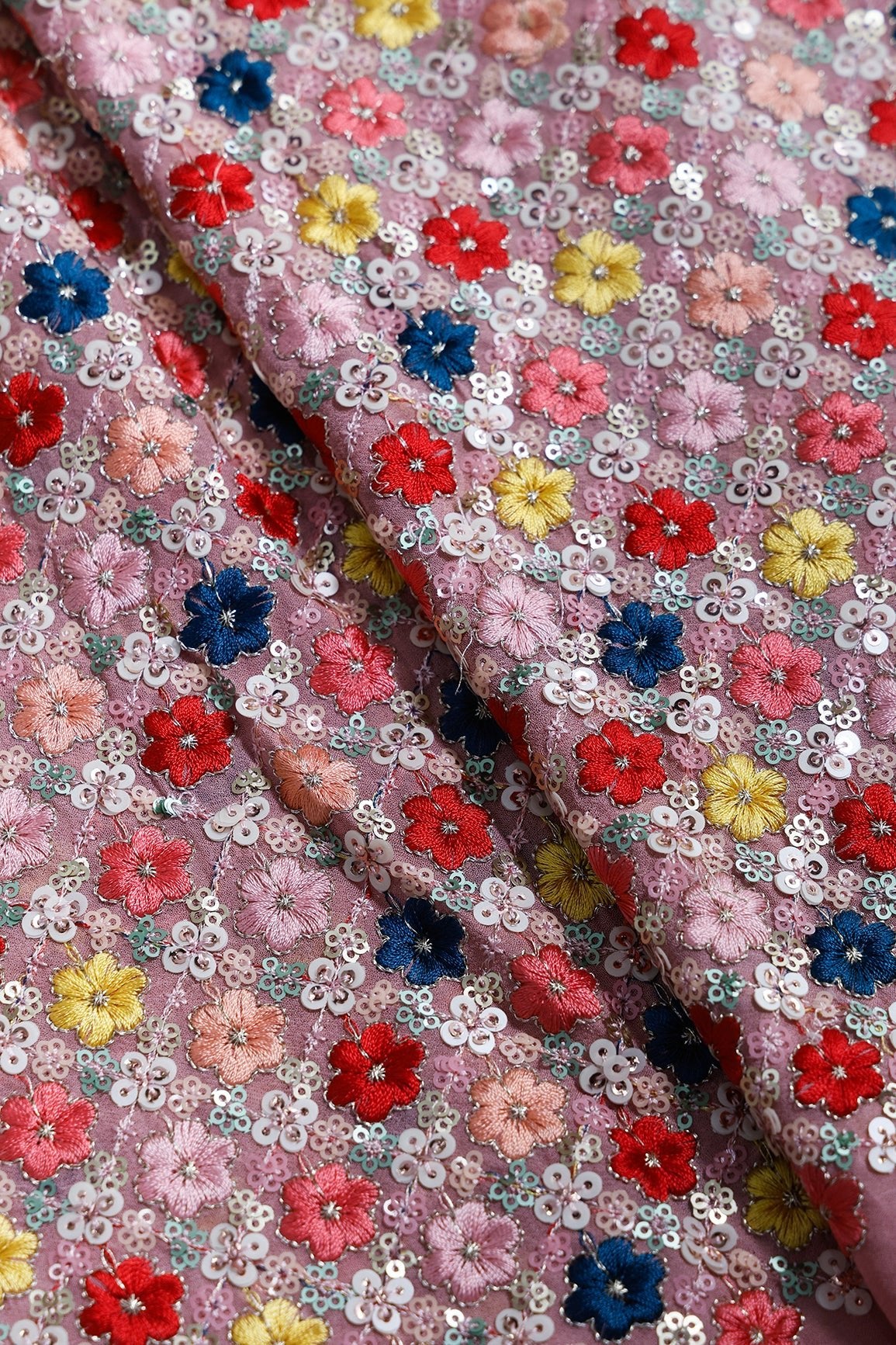 2 Meter Cut Piece Of Multi Color Thread With Sequins Fabulous Floral Embroidery On Gajri Viscose Georgette Fabric - doeraa