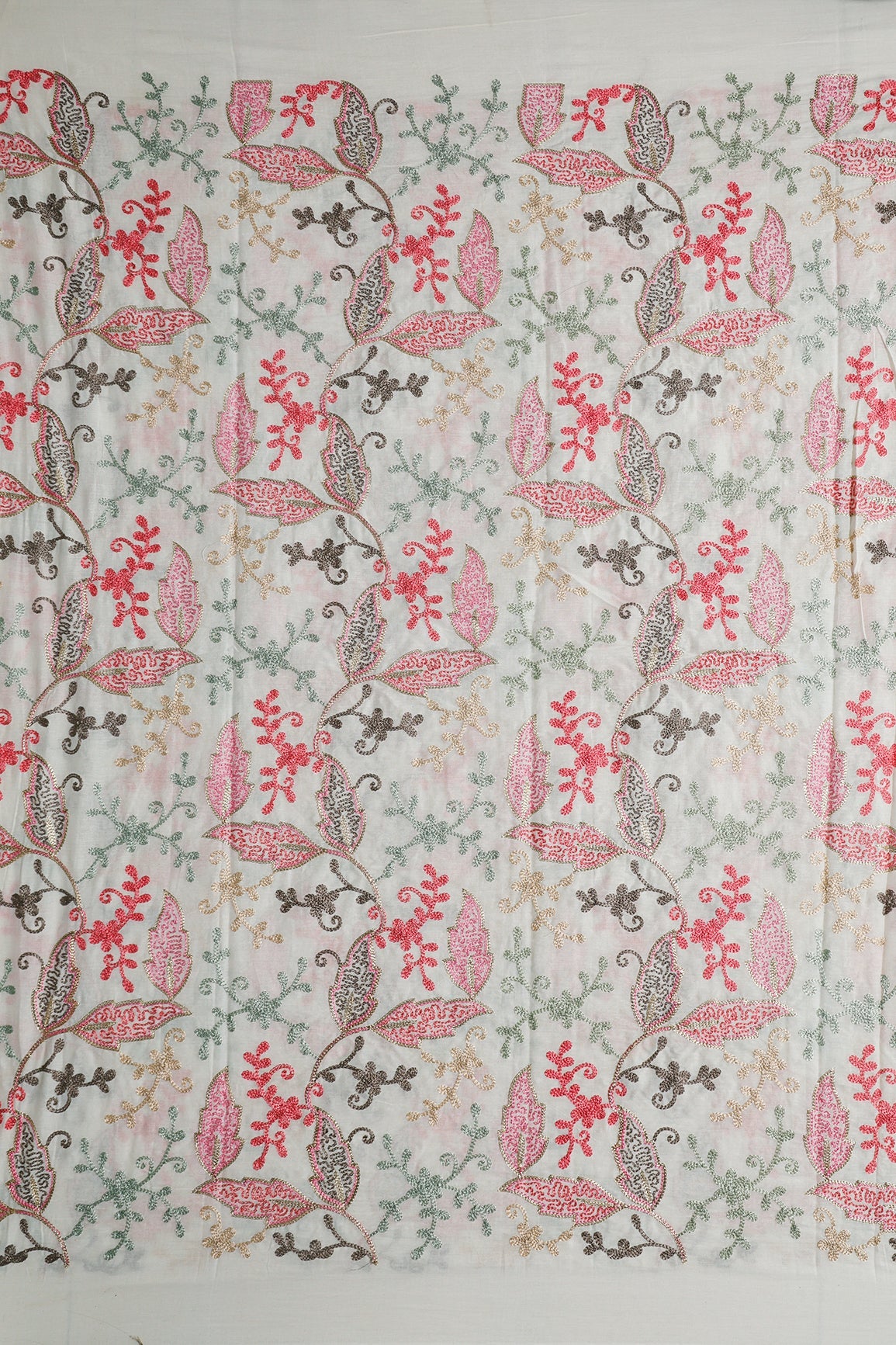 2 Meter Cut Piece Of Multi Thread Beautiful Heavy Leafy Kashmiri Embroidery Work On Off White Organic Cotton Fabric - doeraa