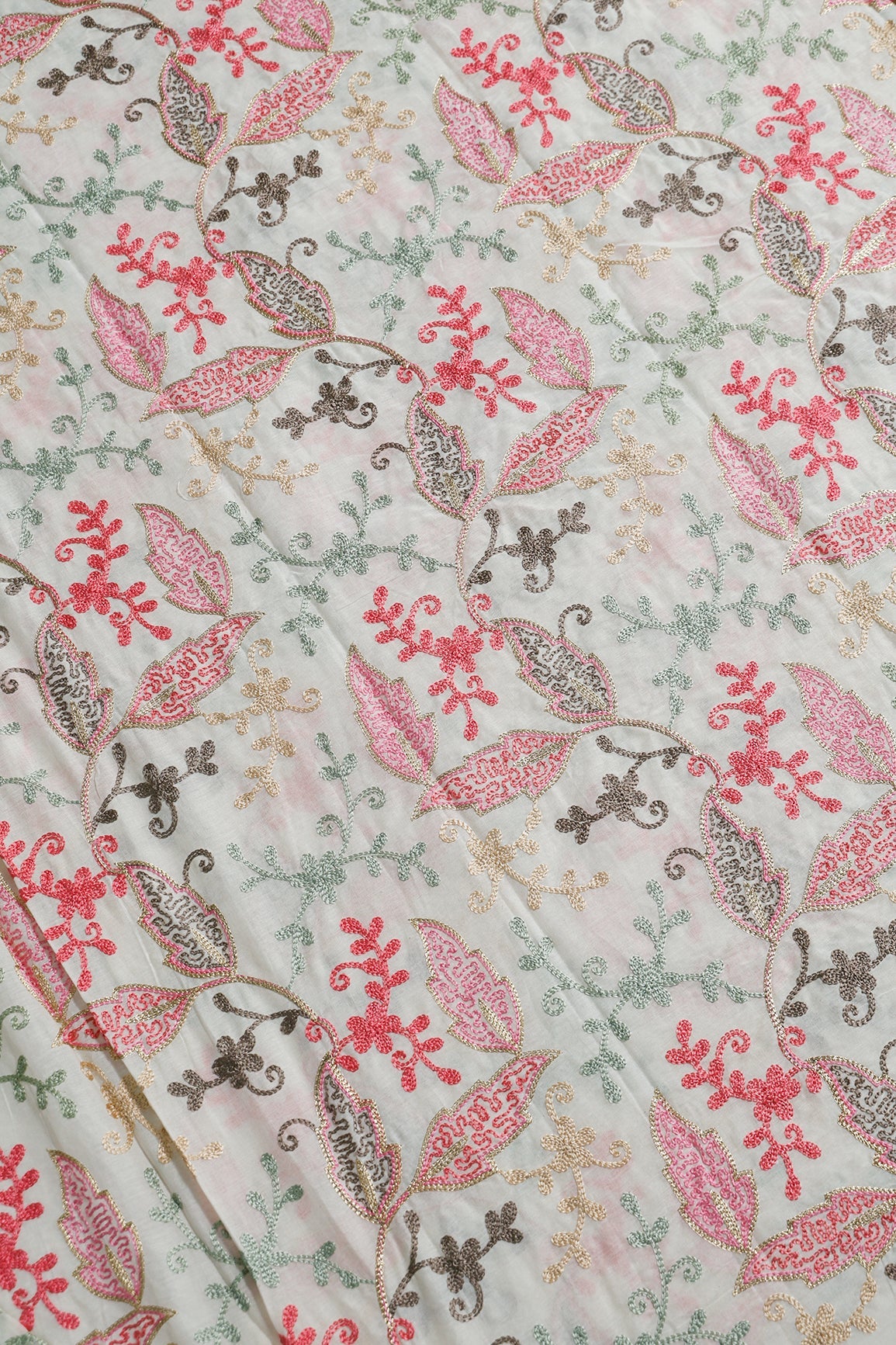 2 Meter Cut Piece Of Multi Thread Beautiful Heavy Leafy Kashmiri Embroidery Work On Off White Organic Cotton Fabric - doeraa