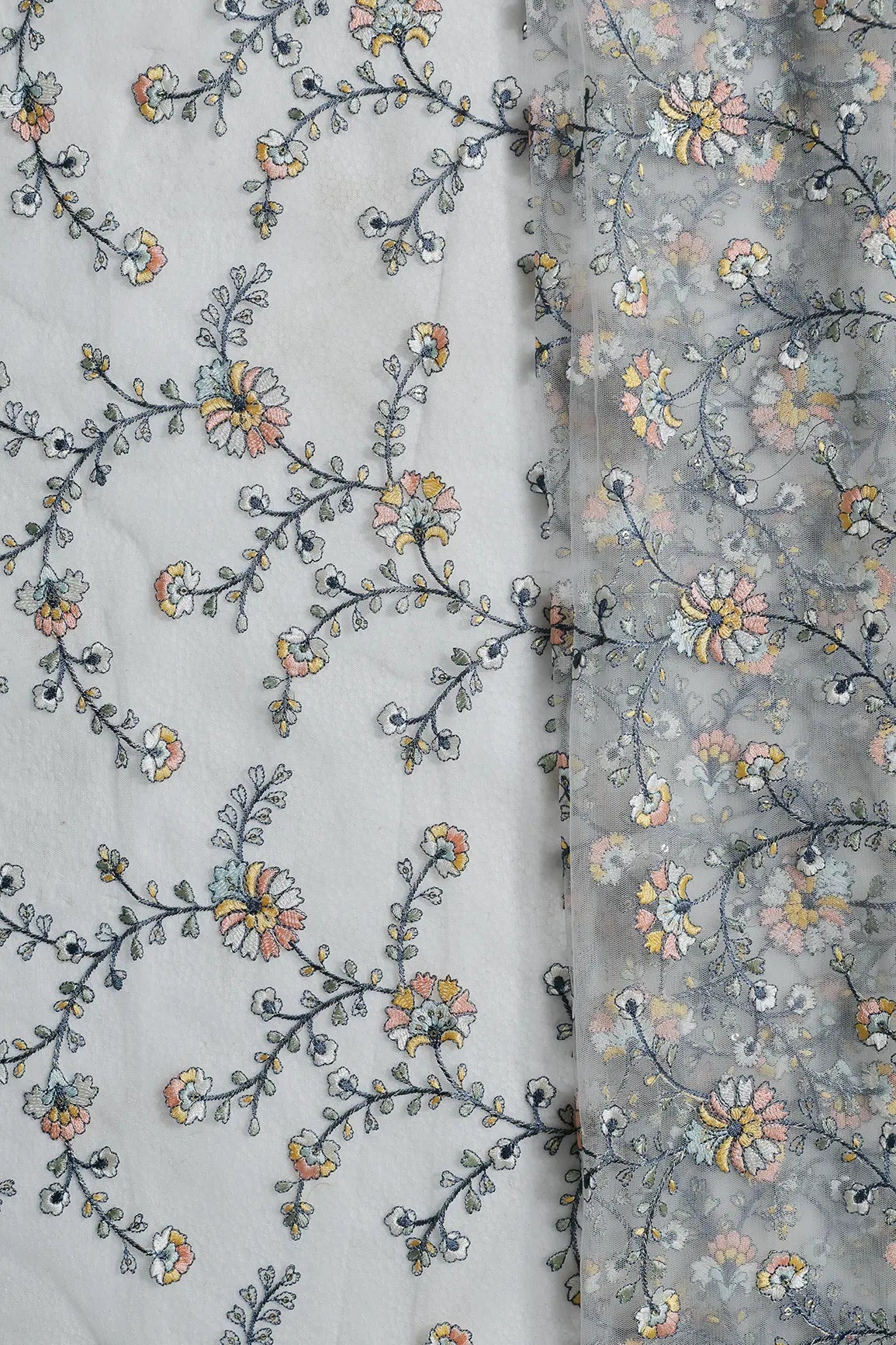 2 Meter Cut Piece Of Multi Thread With Gold Sequins Floral Embroidery On Light Olive Soft Net Fabric - doeraa