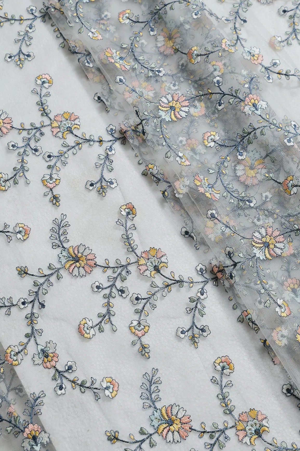 2 Meter Cut Piece Of Multi Thread With Gold Sequins Floral Embroidery On Light Olive Soft Net Fabric - doeraa