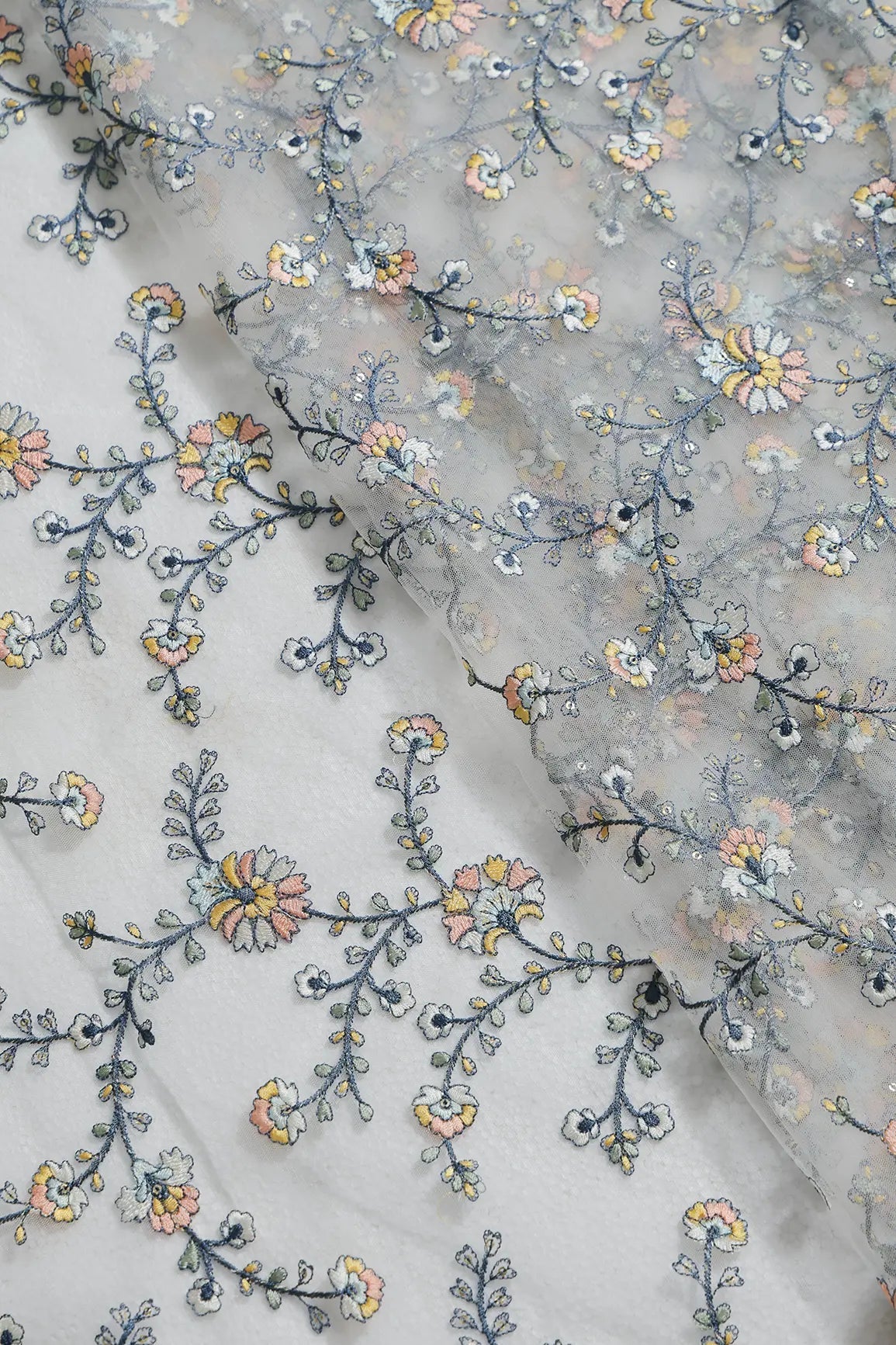 2 Meter Cut Piece Of Multi Thread With Gold Sequins Floral Embroidery On Off White Soft Net Fabric - doeraa