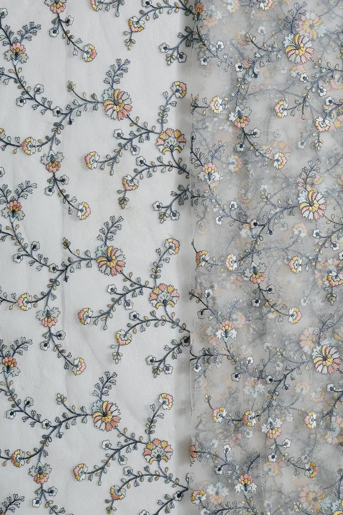 2 Meter Cut Piece Of Multi Thread With Gold Sequins Floral Embroidery On Off White Soft Net Fabric - doeraa