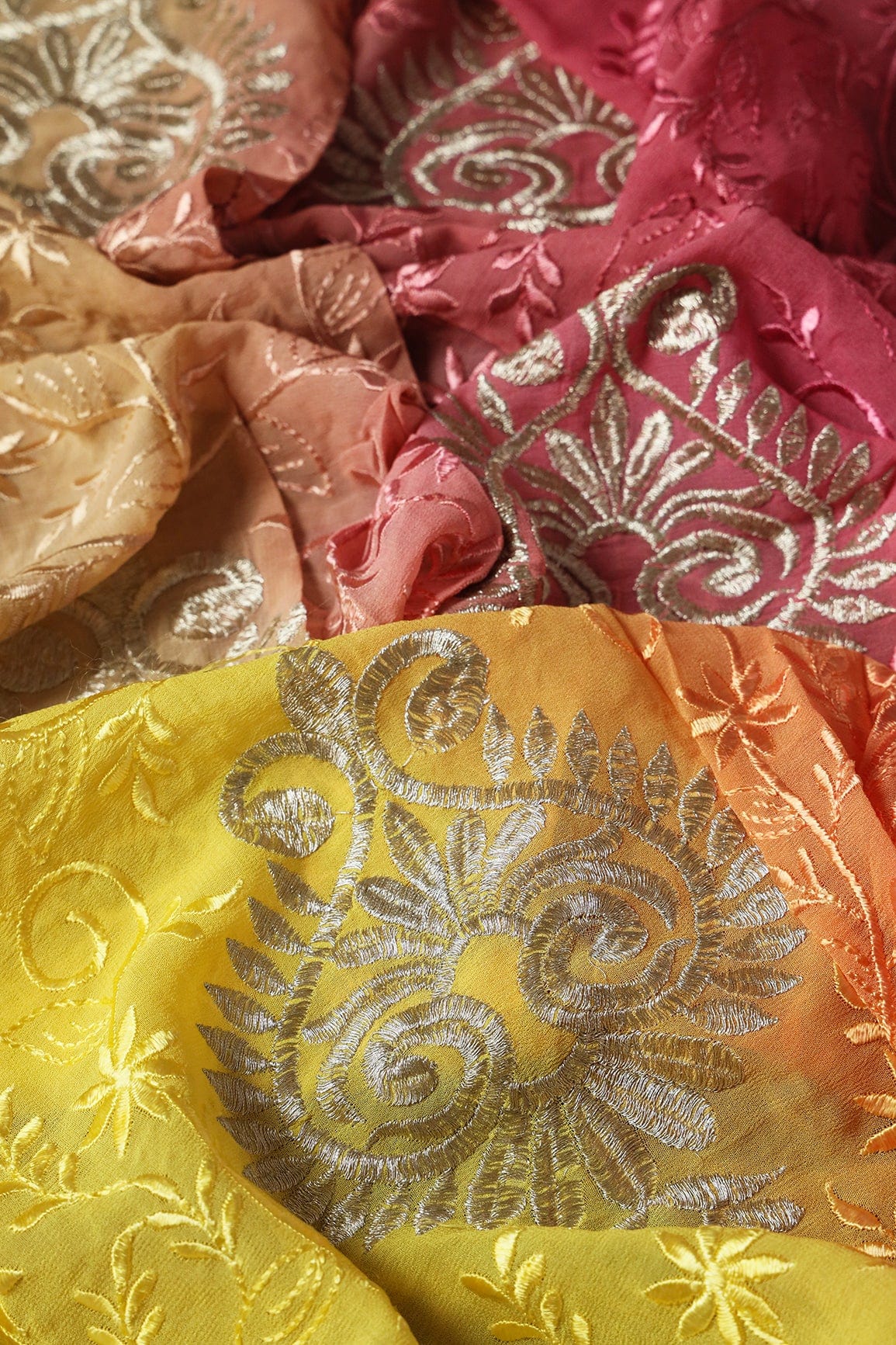 2 Meter Cut Piece Of Multi Thread With Silver Zari Floral Embroidery On Multi Color Viscose Georgette Fabric - doeraa