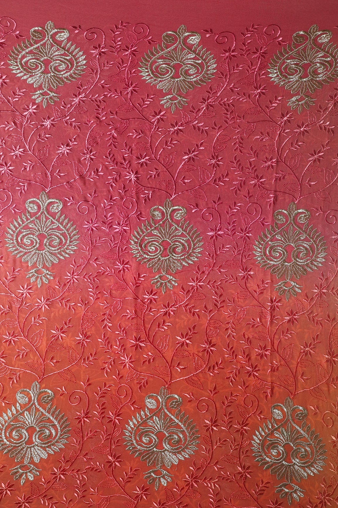 2 Meter Cut Piece Of Multi Thread With Silver Zari Floral Embroidery On Multi Color Viscose Georgette Fabric - doeraa