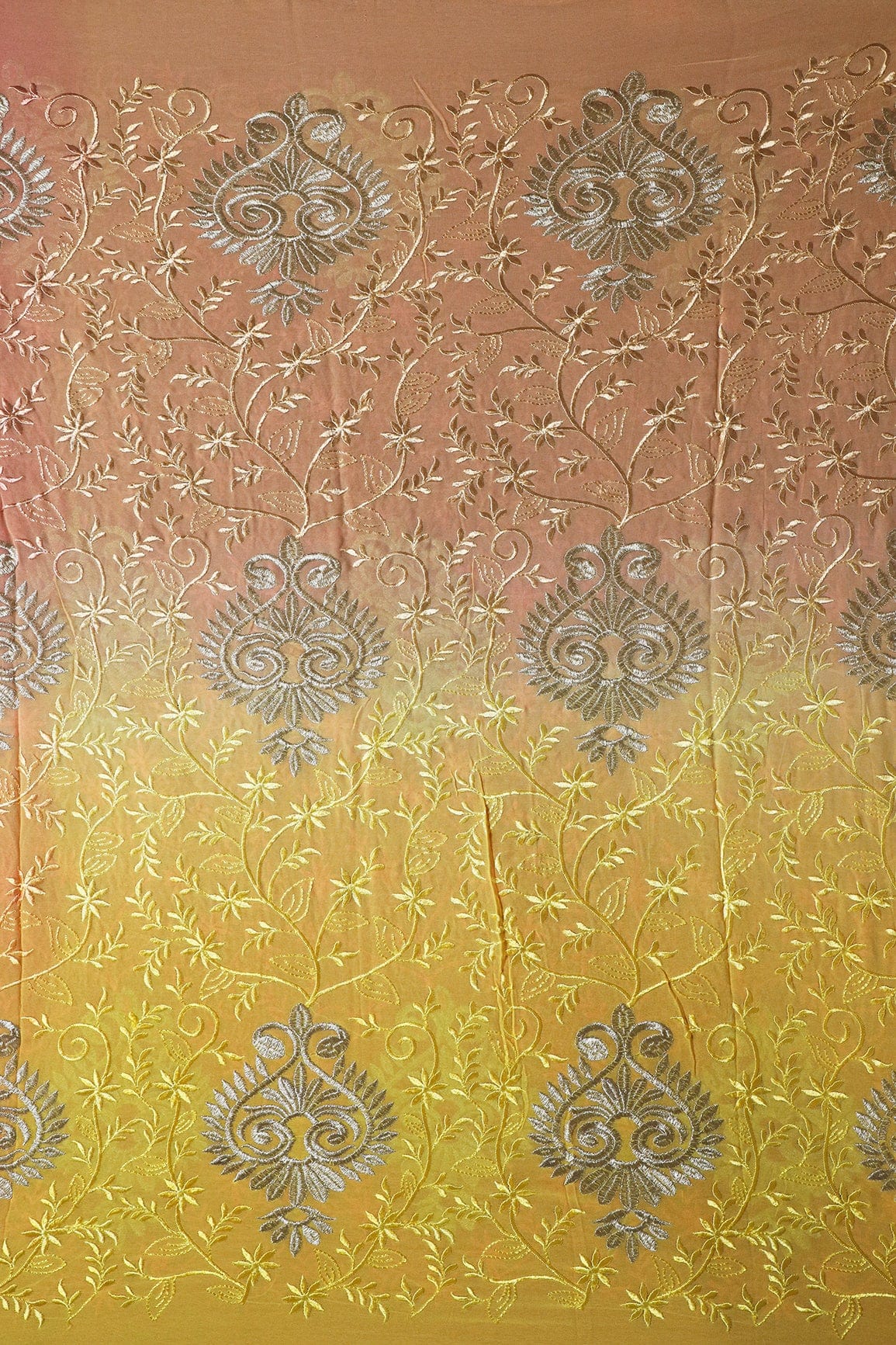 2 Meter Cut Piece Of Multi Thread With Silver Zari Floral Embroidery On Multi Color Viscose Georgette Fabric - doeraa