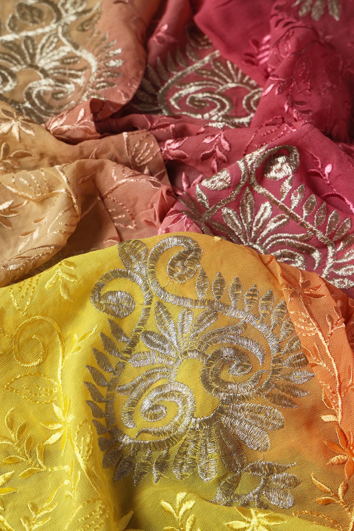 2 Meter Cut Piece Of Multi Thread With Silver Zari Floral Embroidery On Multi Color Viscose Georgette Fabric - doeraa