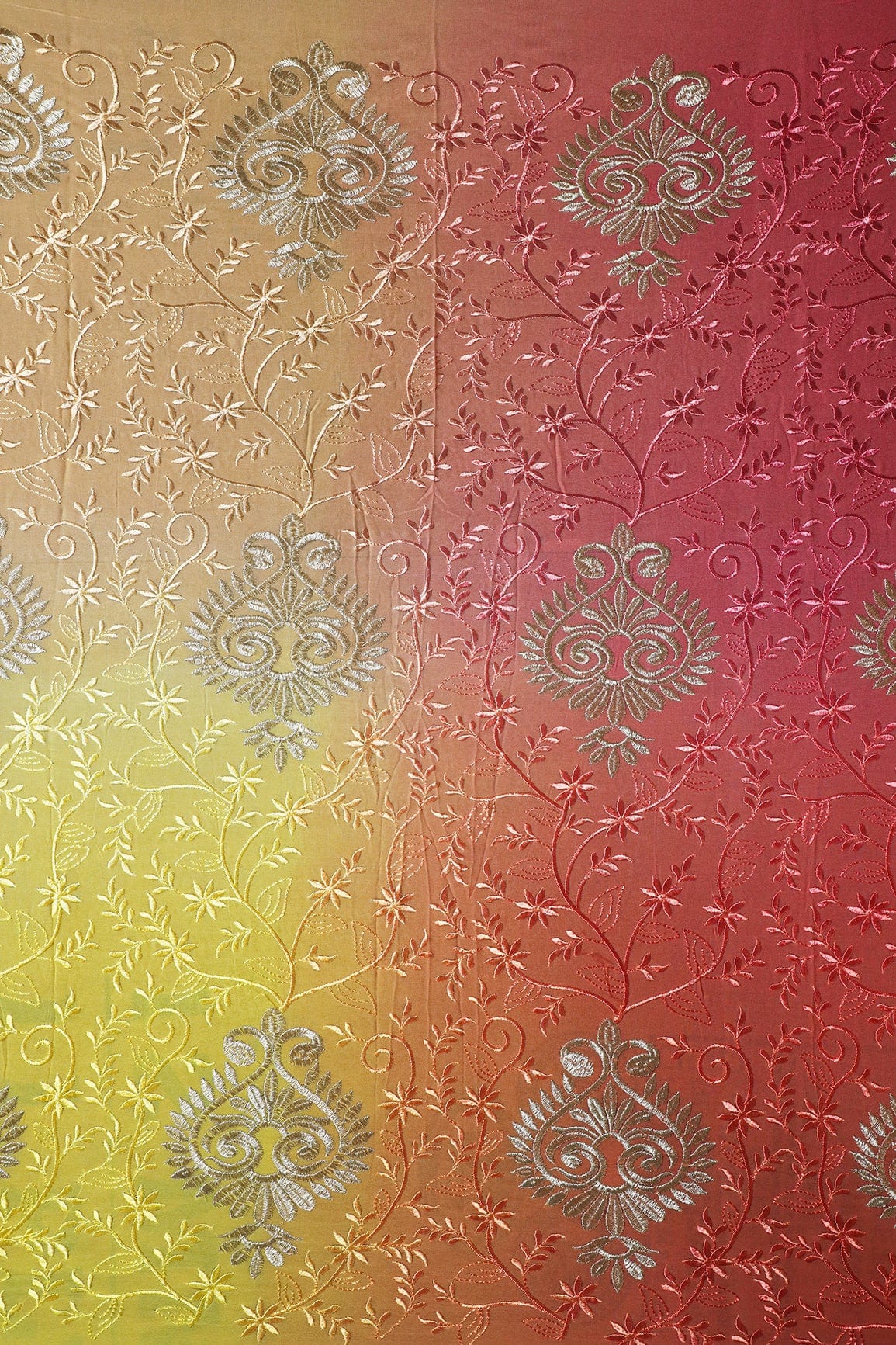2 Meter Cut Piece Of Multi Thread With Silver Zari Floral Embroidery On Multi Color Viscose Georgette Fabric - doeraa