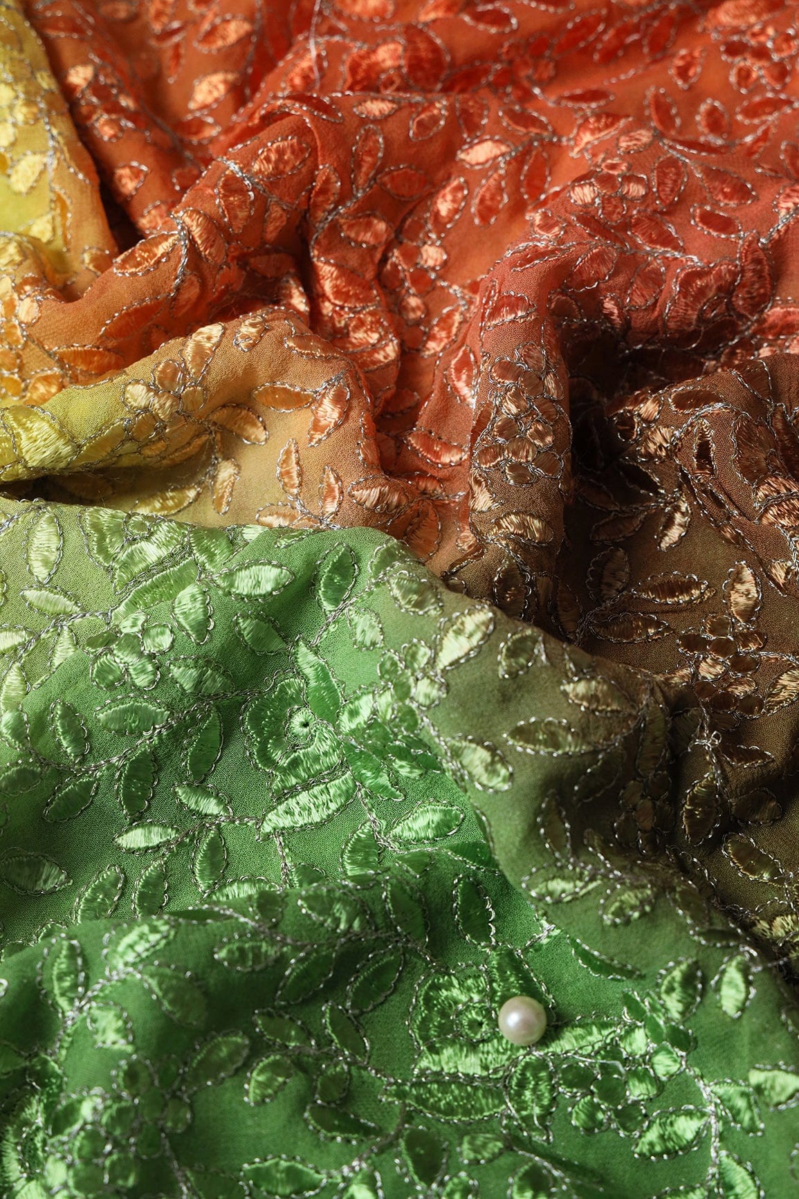 2 Meter Cut Piece Of Multi Thread With Zari Leafy Embroidery On Multi Color Viscose Georgette Fabric - doeraa