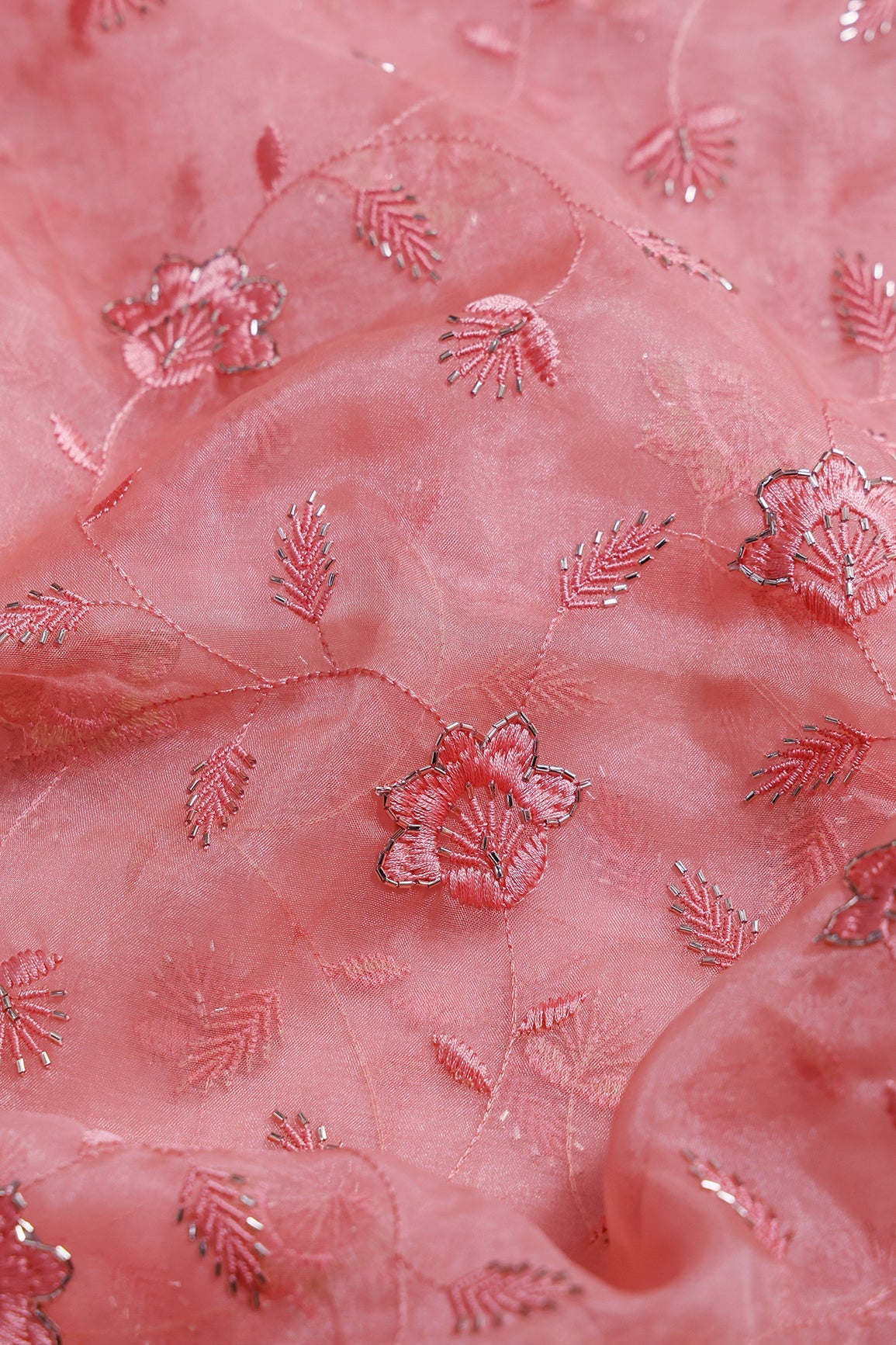 2 Meter Cut Piece Of Pink Thread With Beads Floral Embroidery On Pink Organza Fabric - doeraa