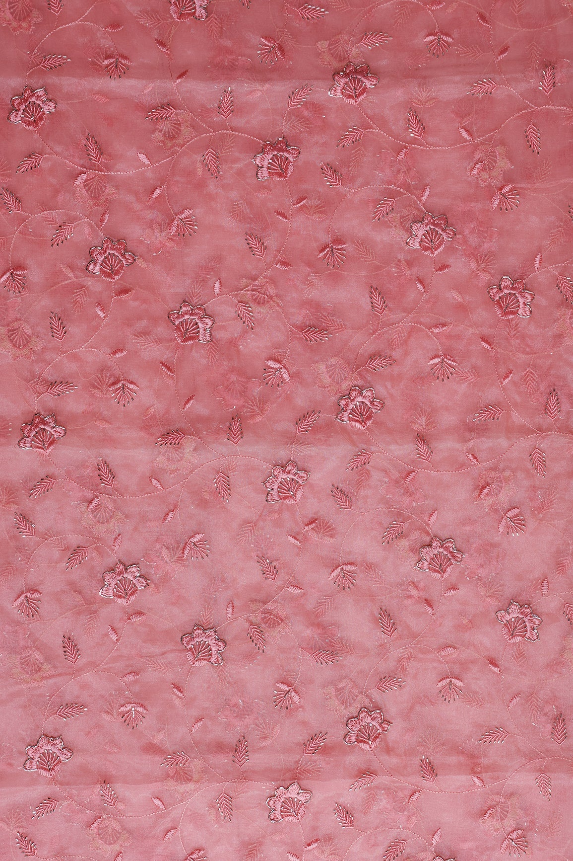 2 Meter Cut Piece Of Pink Thread With Beads Floral Embroidery On Pink Organza Fabric - doeraa