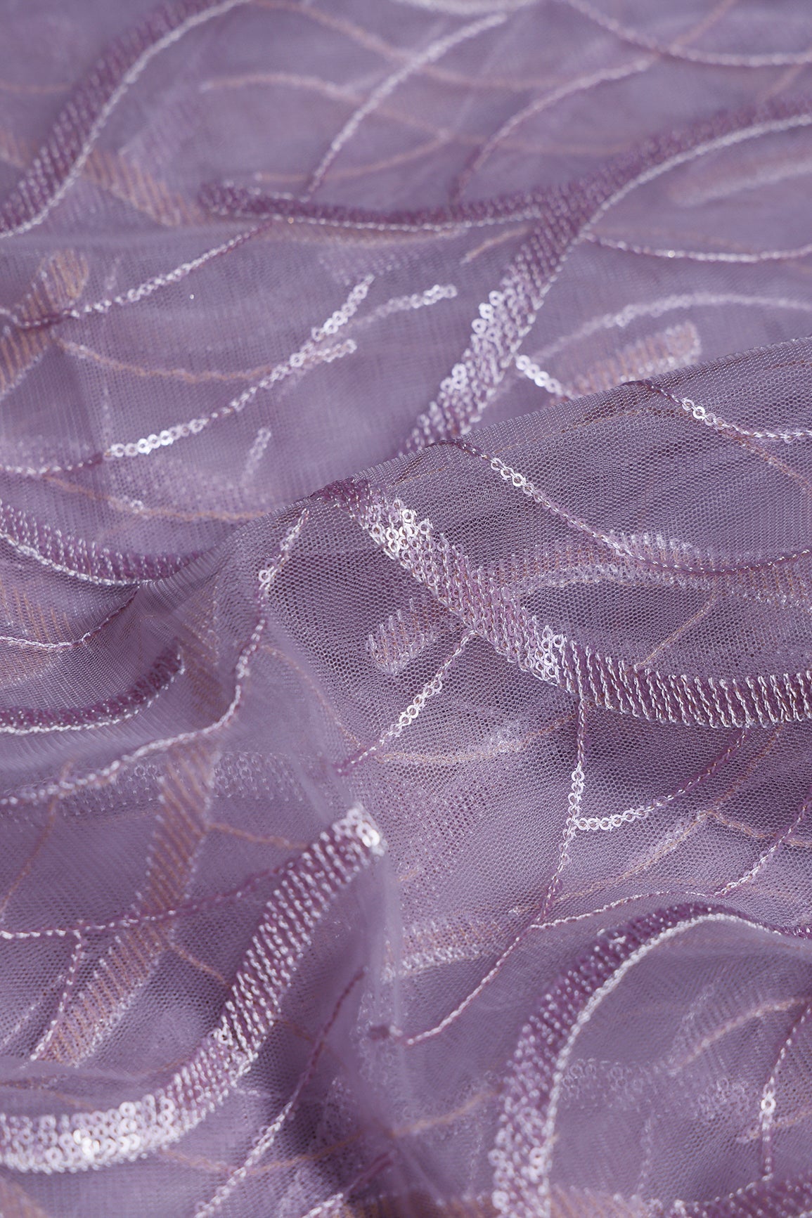 2.25 Meter Cut Piece Of Lavender Thread With Sequins Abstract Embroidery Work On Lavender Soft Net Fabric - doeraa