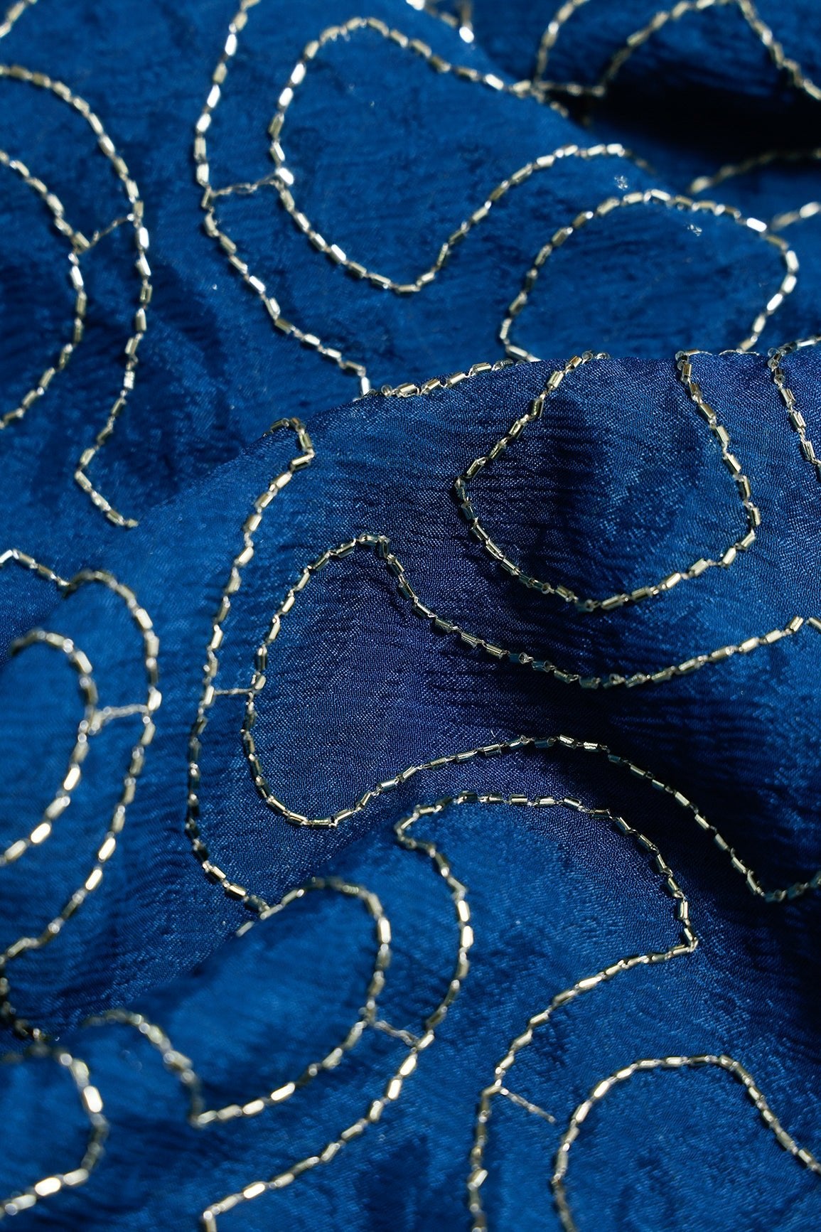 2.50 Meter Cut Piece Of Cut Dana Beads Appealing Abstract Embroidery Work On Rama Chinnon Chiffon Fabric - doeraa