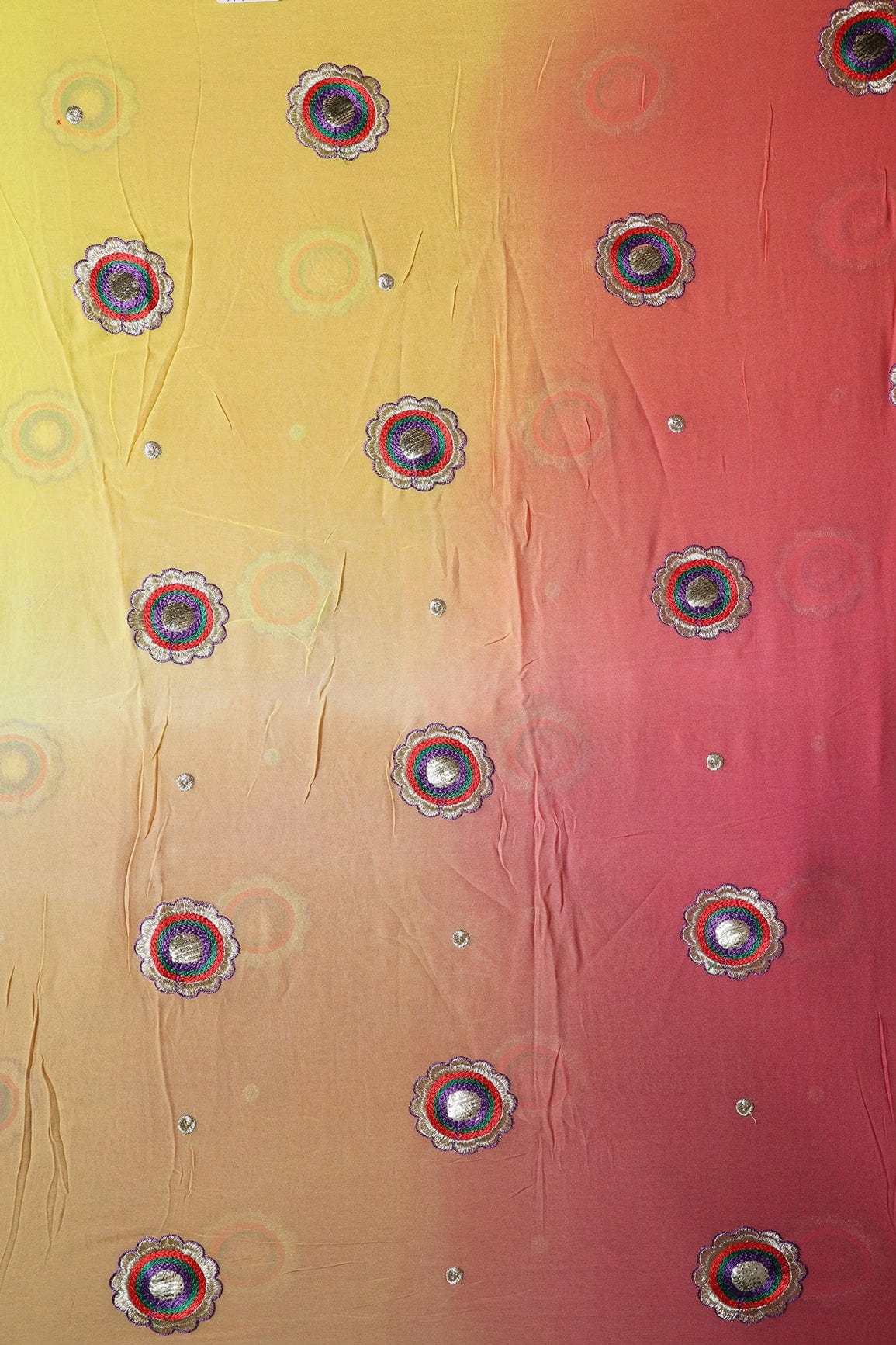 2.50 Meter Cut Piece Of Multi Thread With Gold Zari Floral Embroidery On Multi Color Viscose Georgette Fabric - doeraa