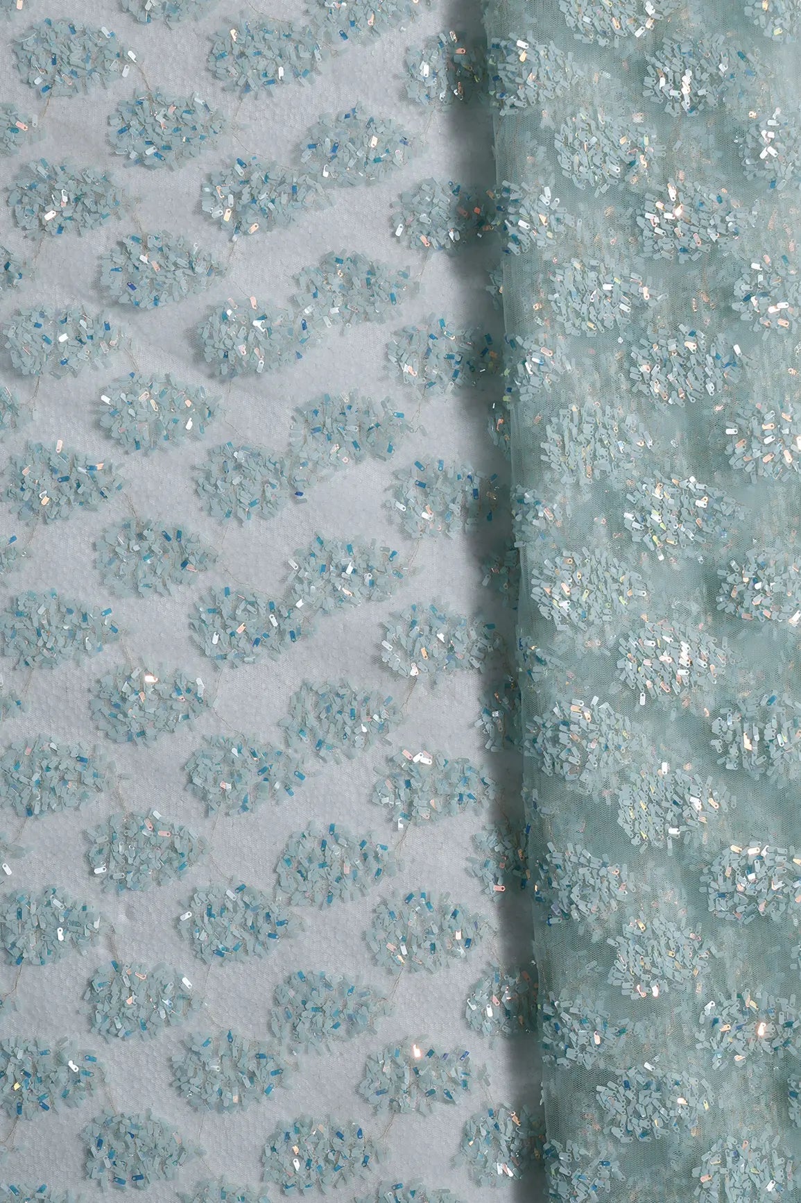 2.50 Meter Cut Piece Of Oval Sequins Embroidery Work On Sea Green Soft Net Fabric - doeraa
