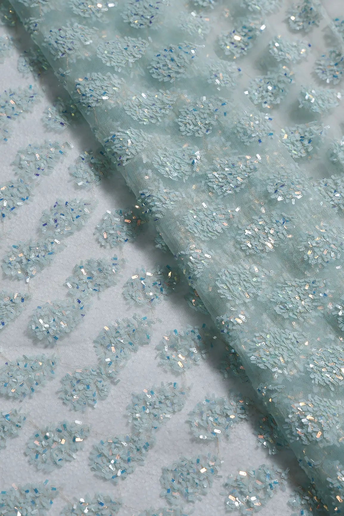 2.50 Meter Cut Piece Of Oval Sequins Embroidery Work On Sea Green Soft Net Fabric - doeraa
