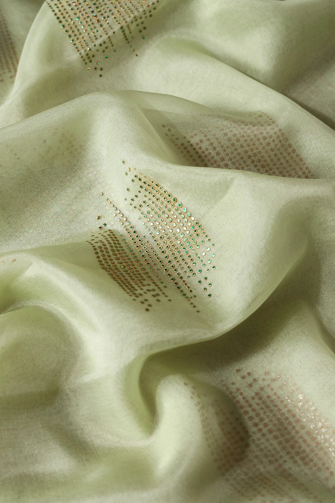 2.75 Meter Cut Piece Of Drak Green Stone Drop Geometric Work On Olive Organza Fabric - doeraa