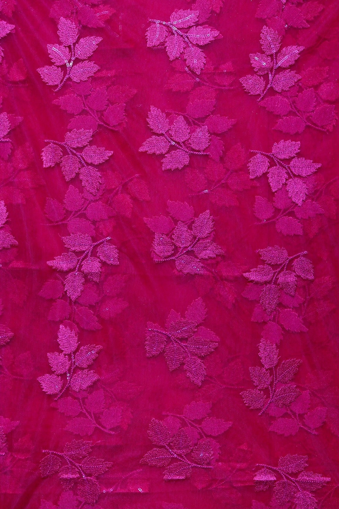 2.75 Meter Cut Piece Of Gorgeous Pink Thread With Sequins Floral Leafy Embroidery On Dark Pink Soft Net Fabric - doeraa